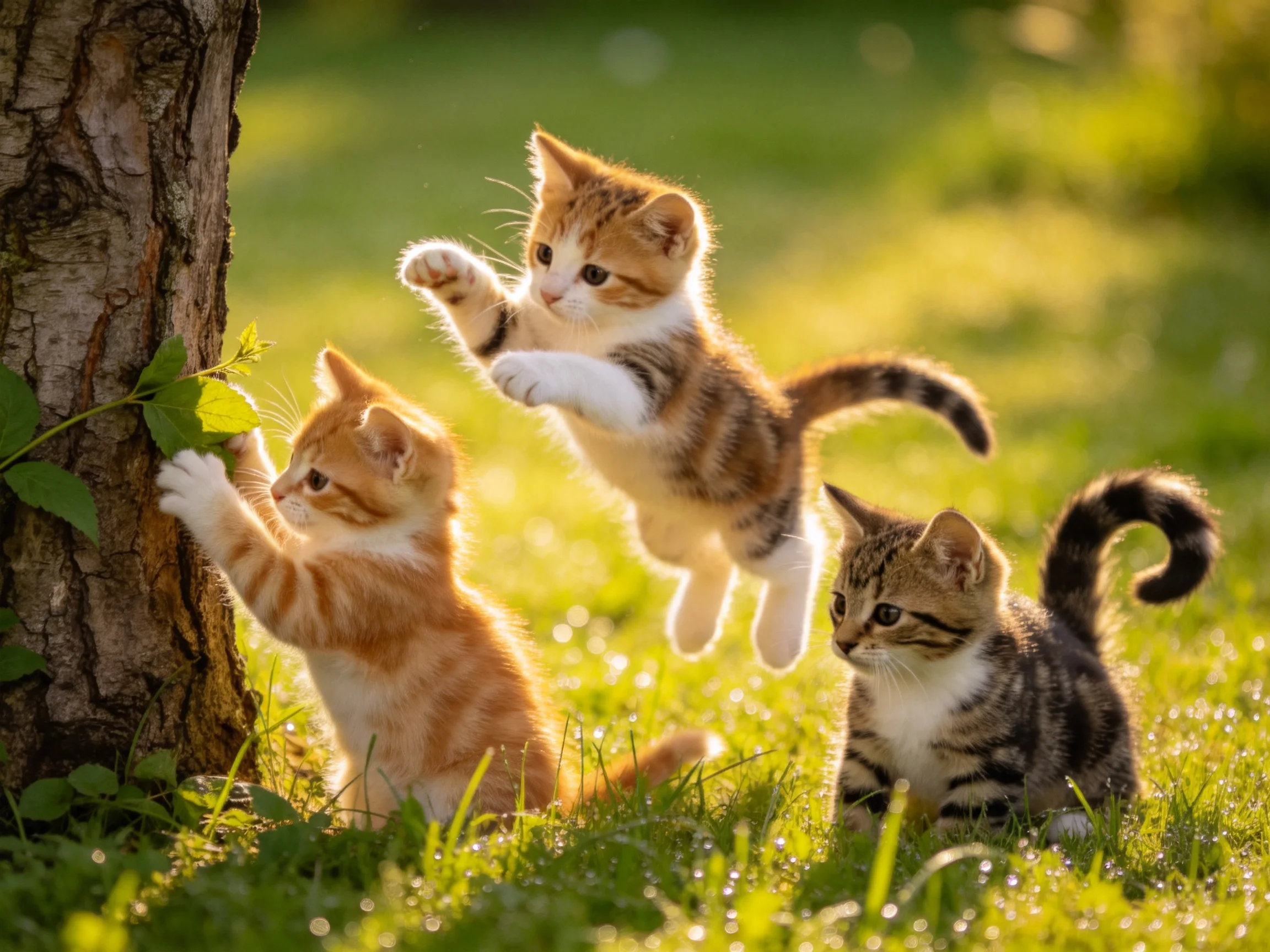 Three playful kittens interact near a tree in a sunlit meadow