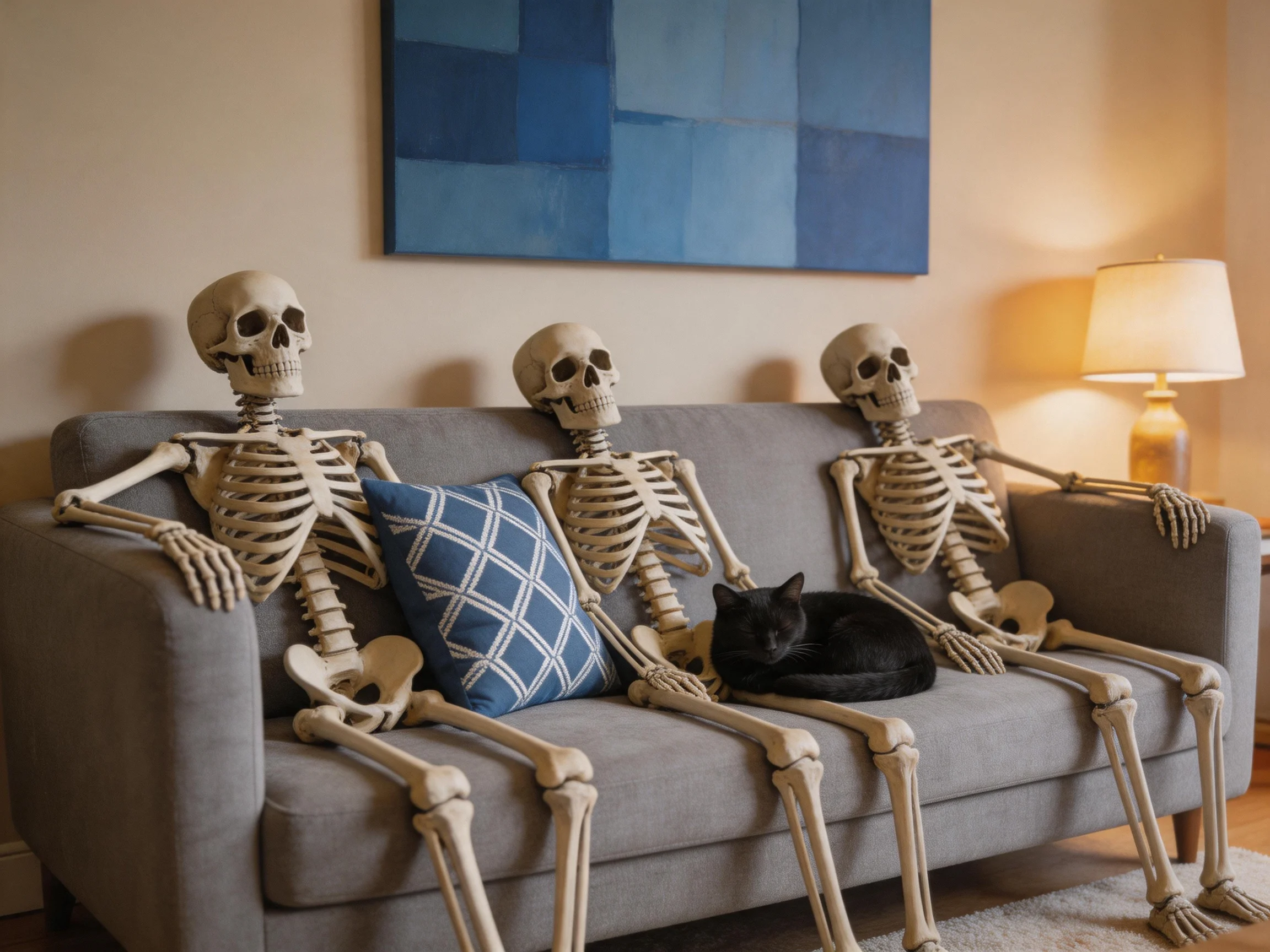 Three skeleton figures sit on a gray couch with a black cat