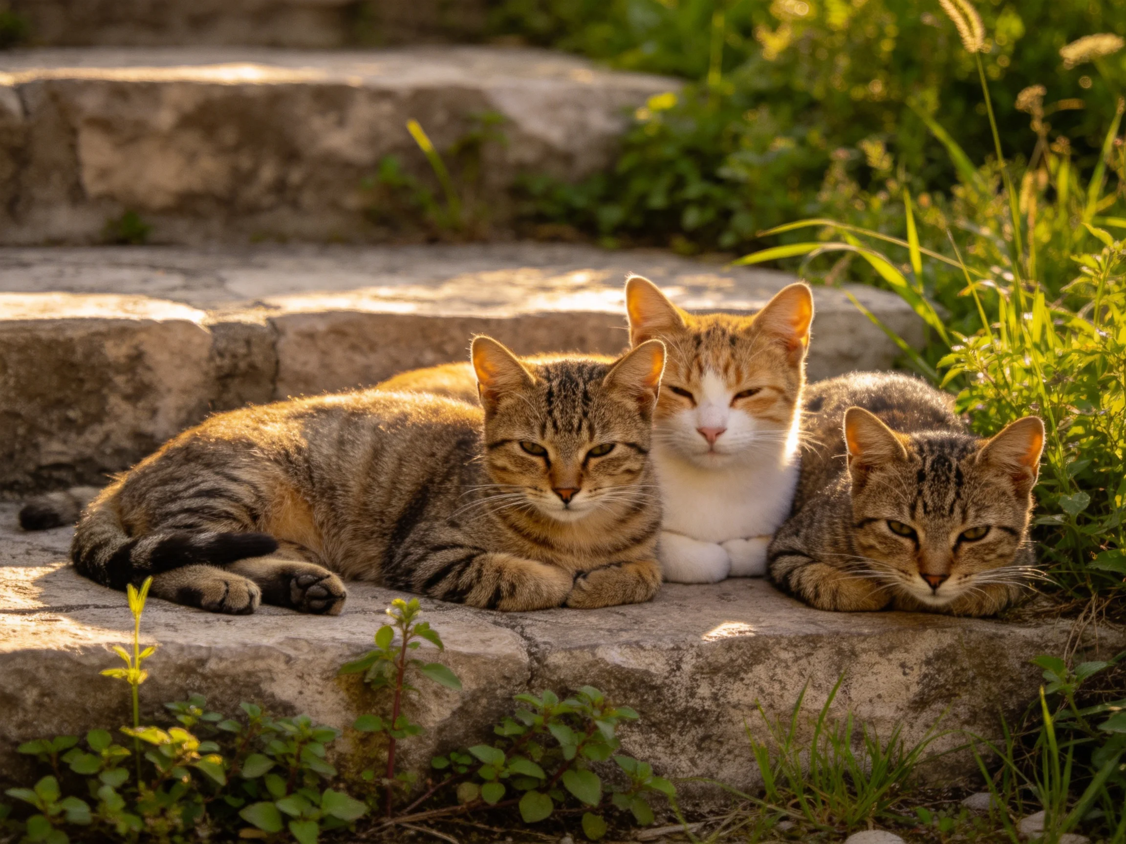 Three cats rest together on stone steps amid greenery under sunlight.