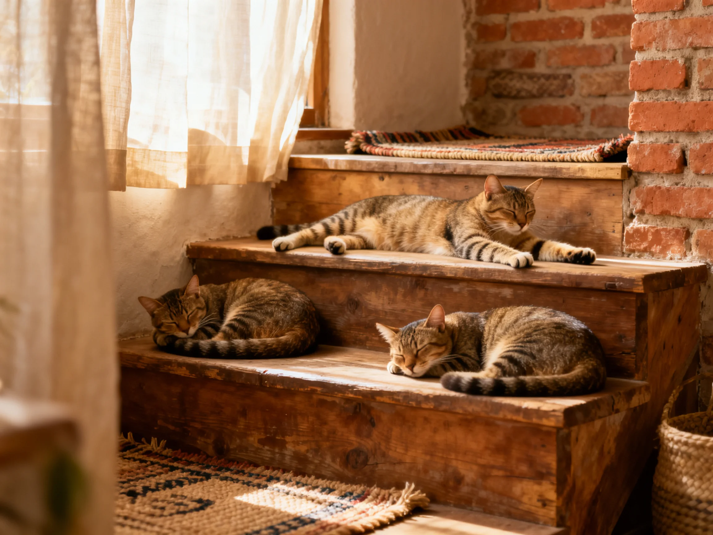 Three tabby cats relax on aged wooden stairs beside a red brick wall