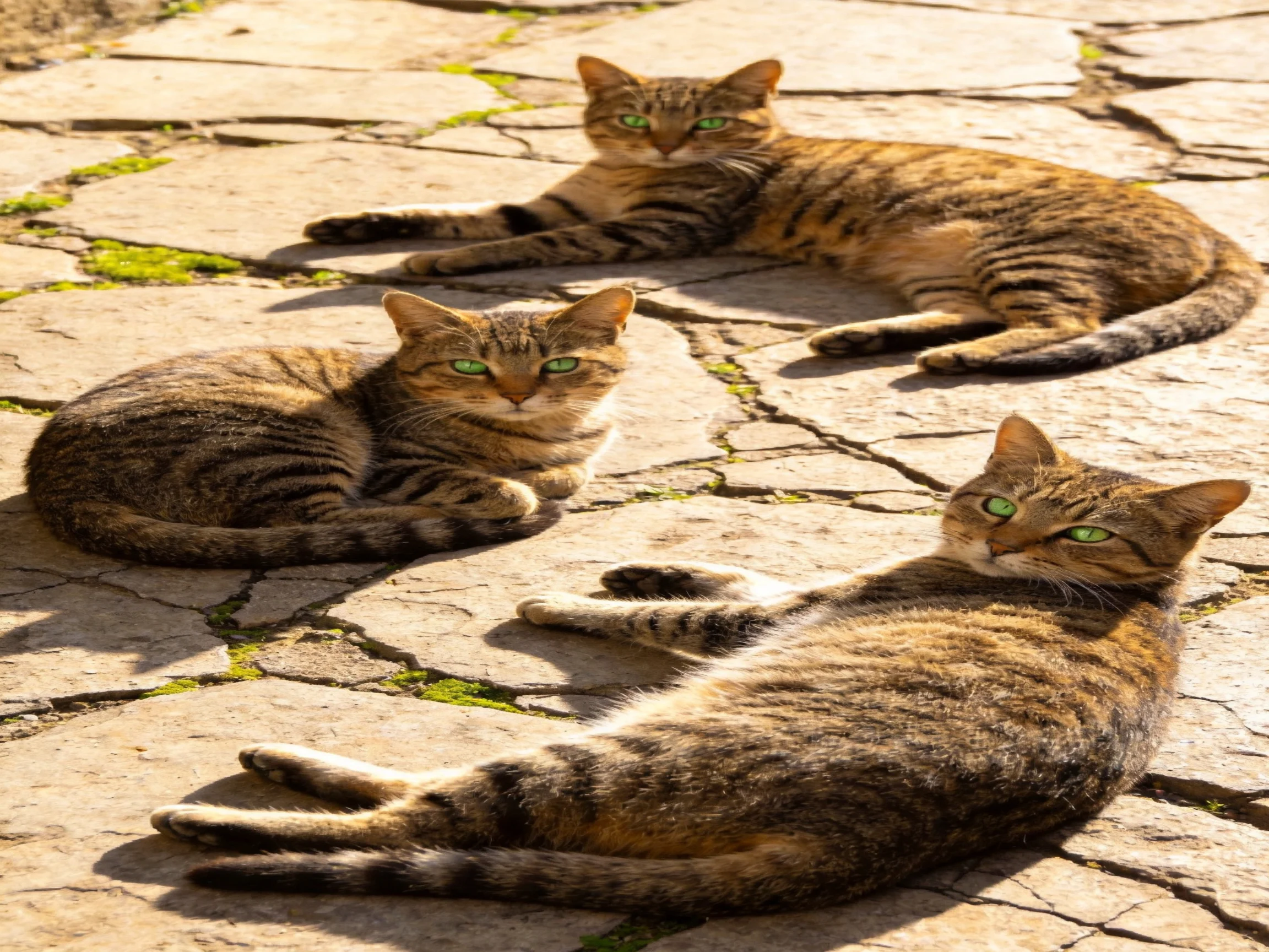 Three tabby cats relax on a sunlit cracked stone surface.