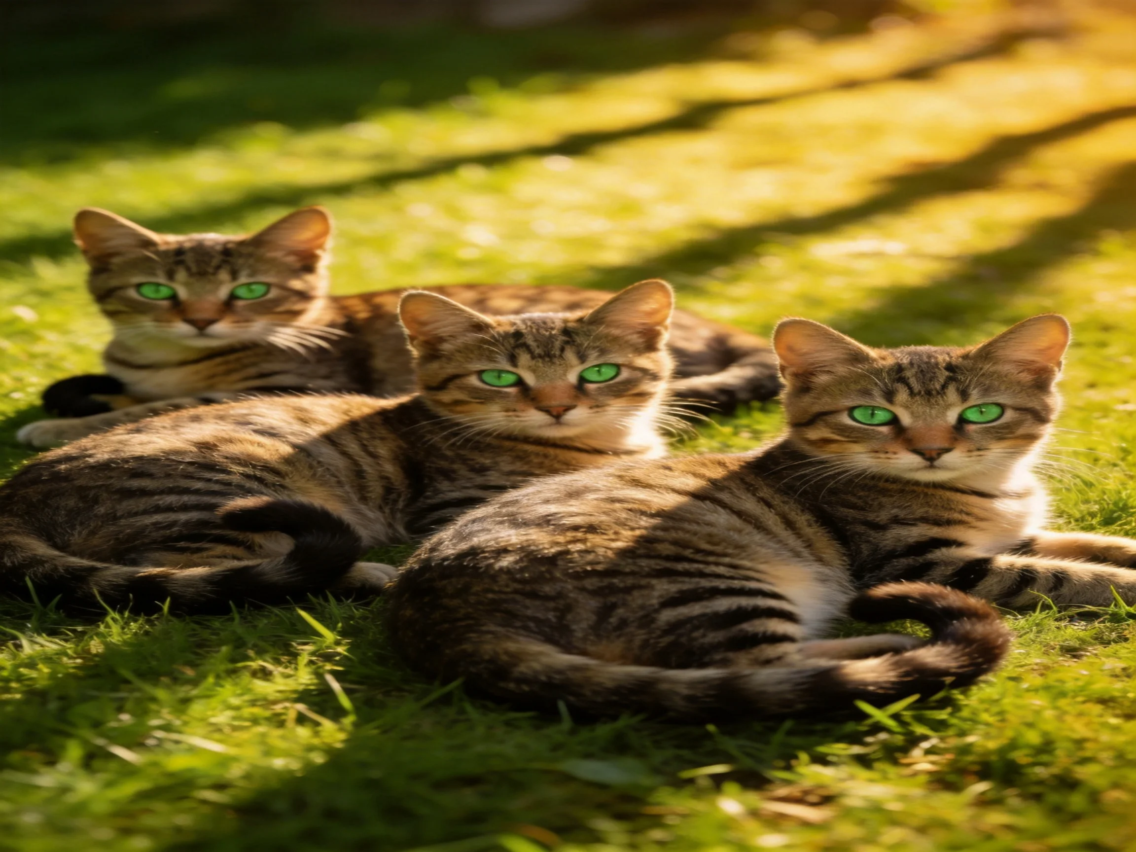 Three tabby cats with bright green eyes rest on sunlit grass