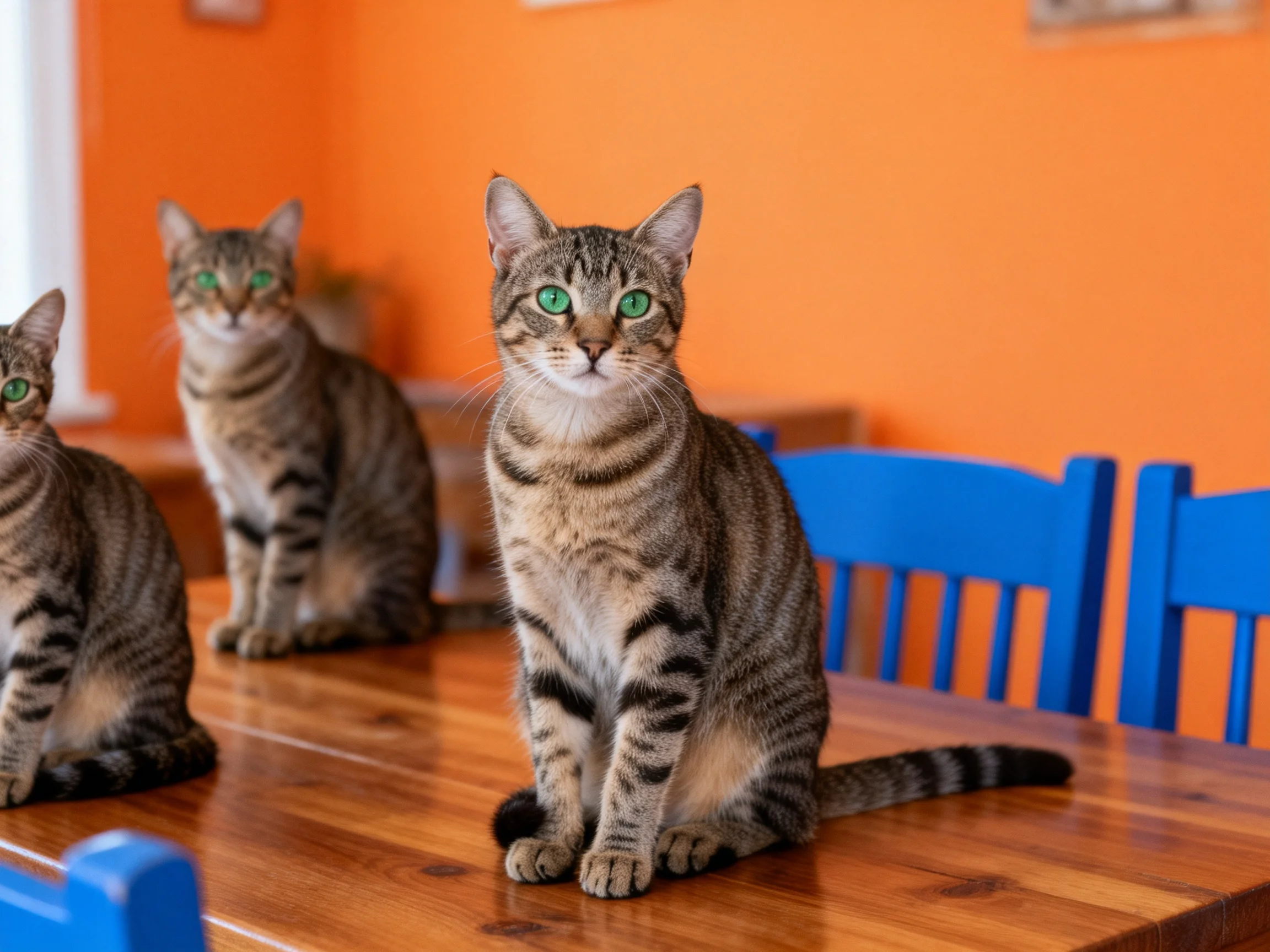 Three tabby cats sit on a wooden table in a room with an orange wall.