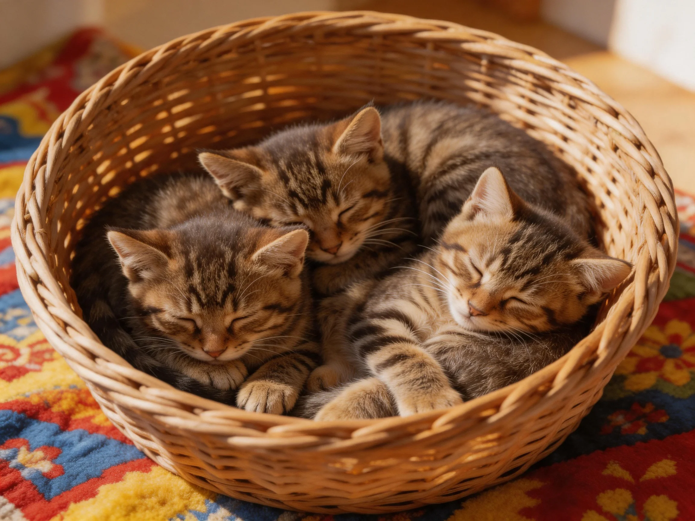 Three tabby kittens cuddle in a large wicker basket on a colorful rug