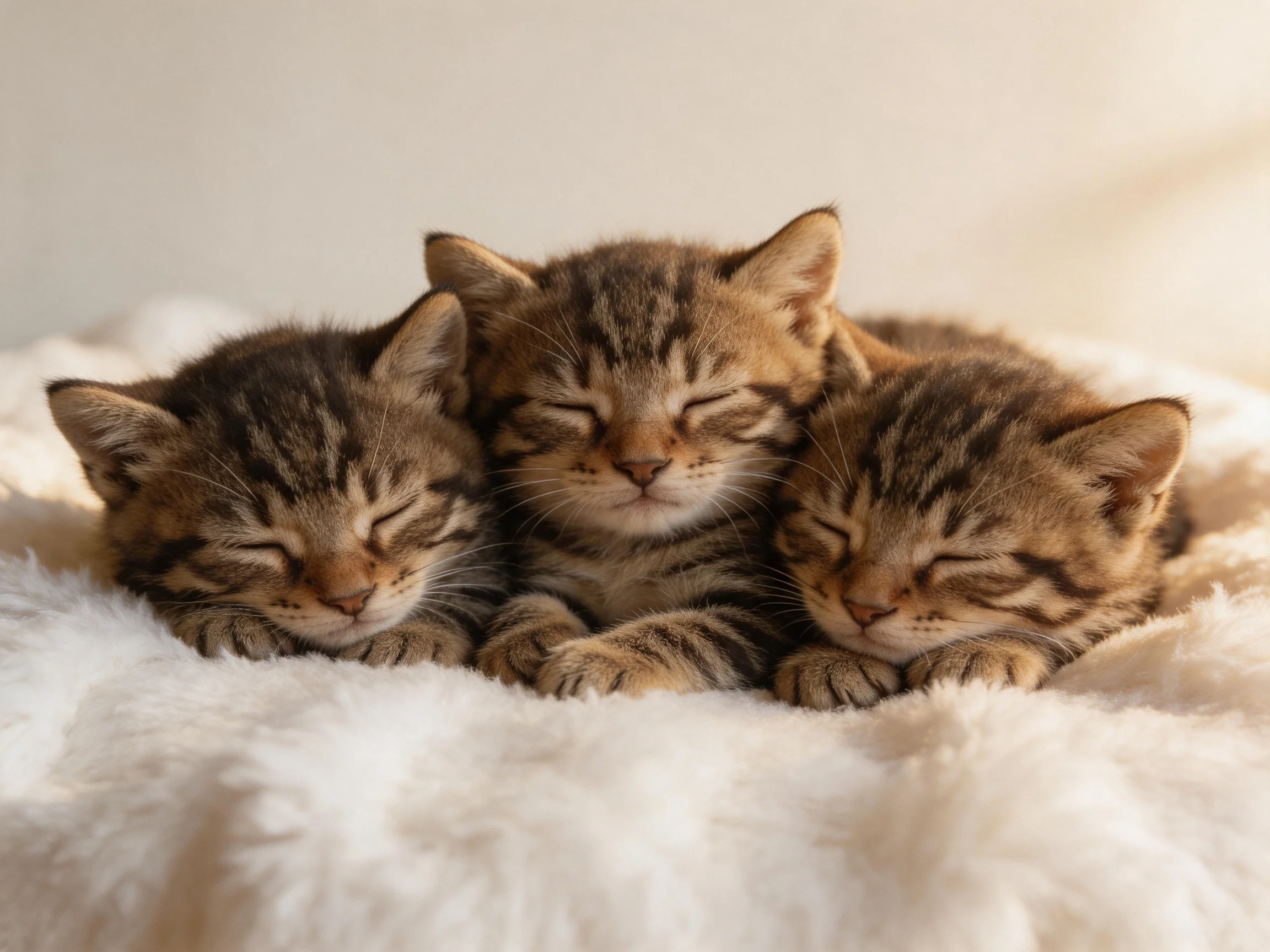 Three tabby kittens cuddle on a soft white blanket