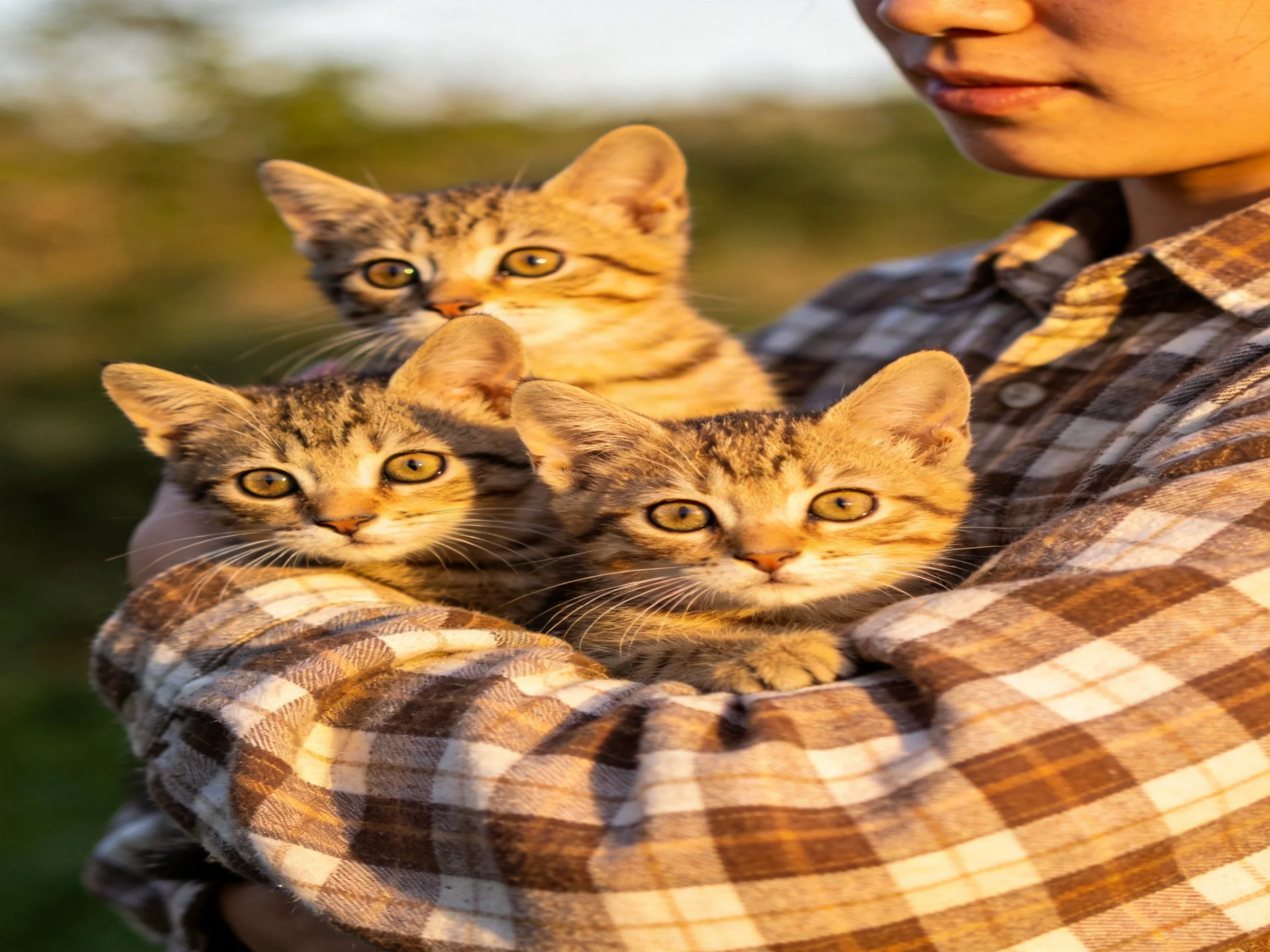 Three tabby kittens nestled in a brown plaid shirt outdoors