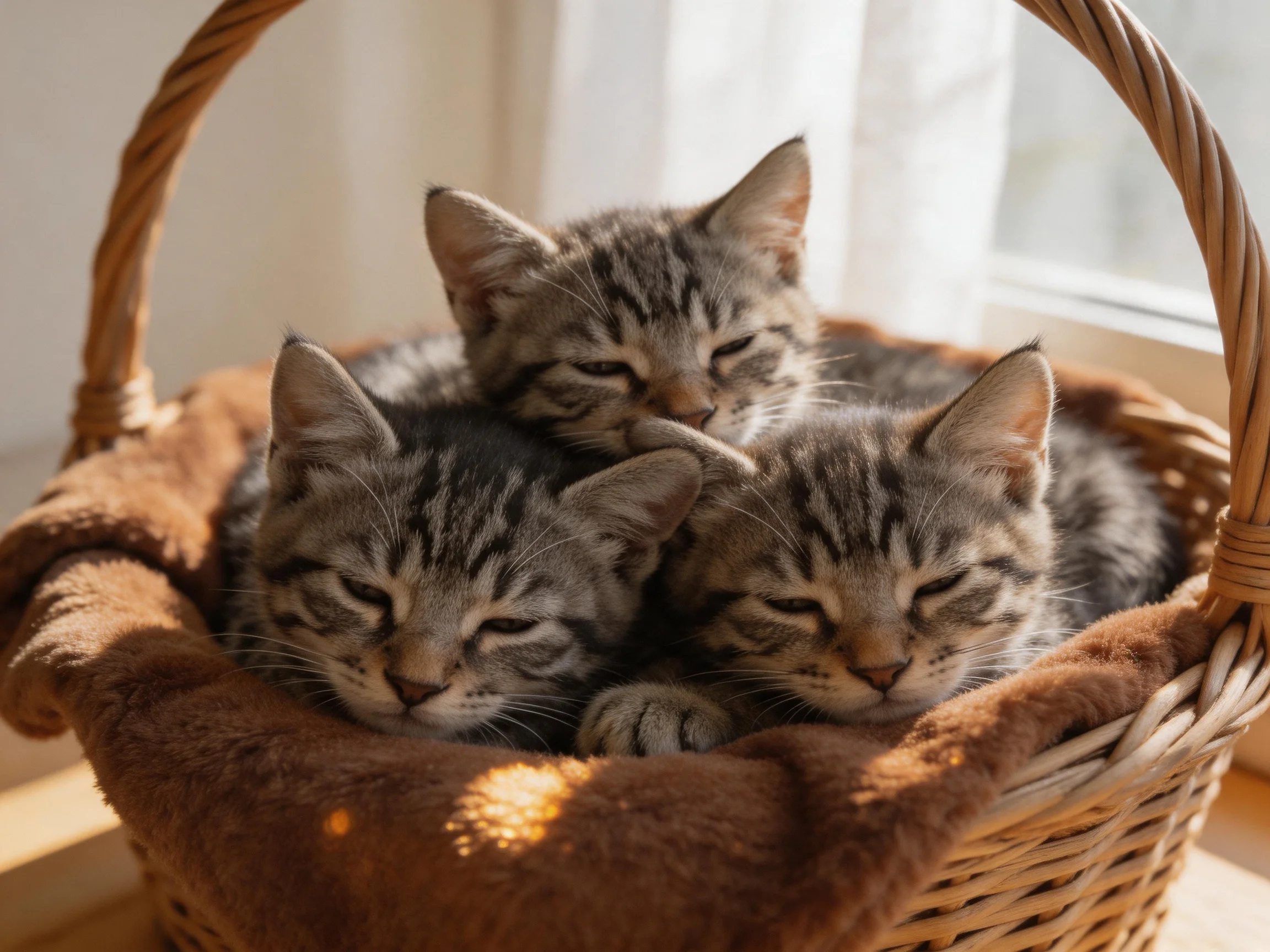 Three tabby kittens nestled in a brown wicker basket by sunlight