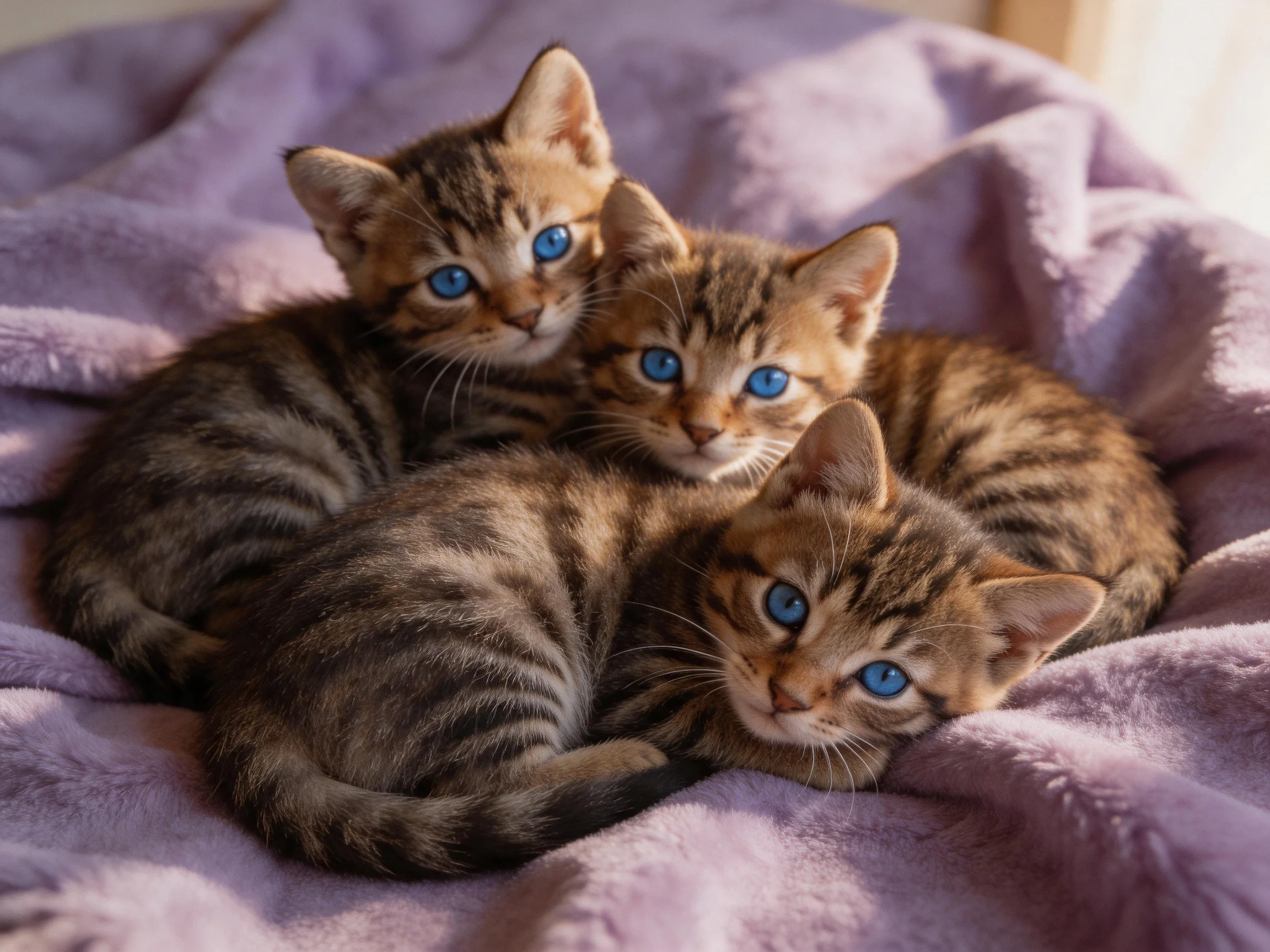 Three tabby kittens with bright blue eyes rest on a soft purple blanket.