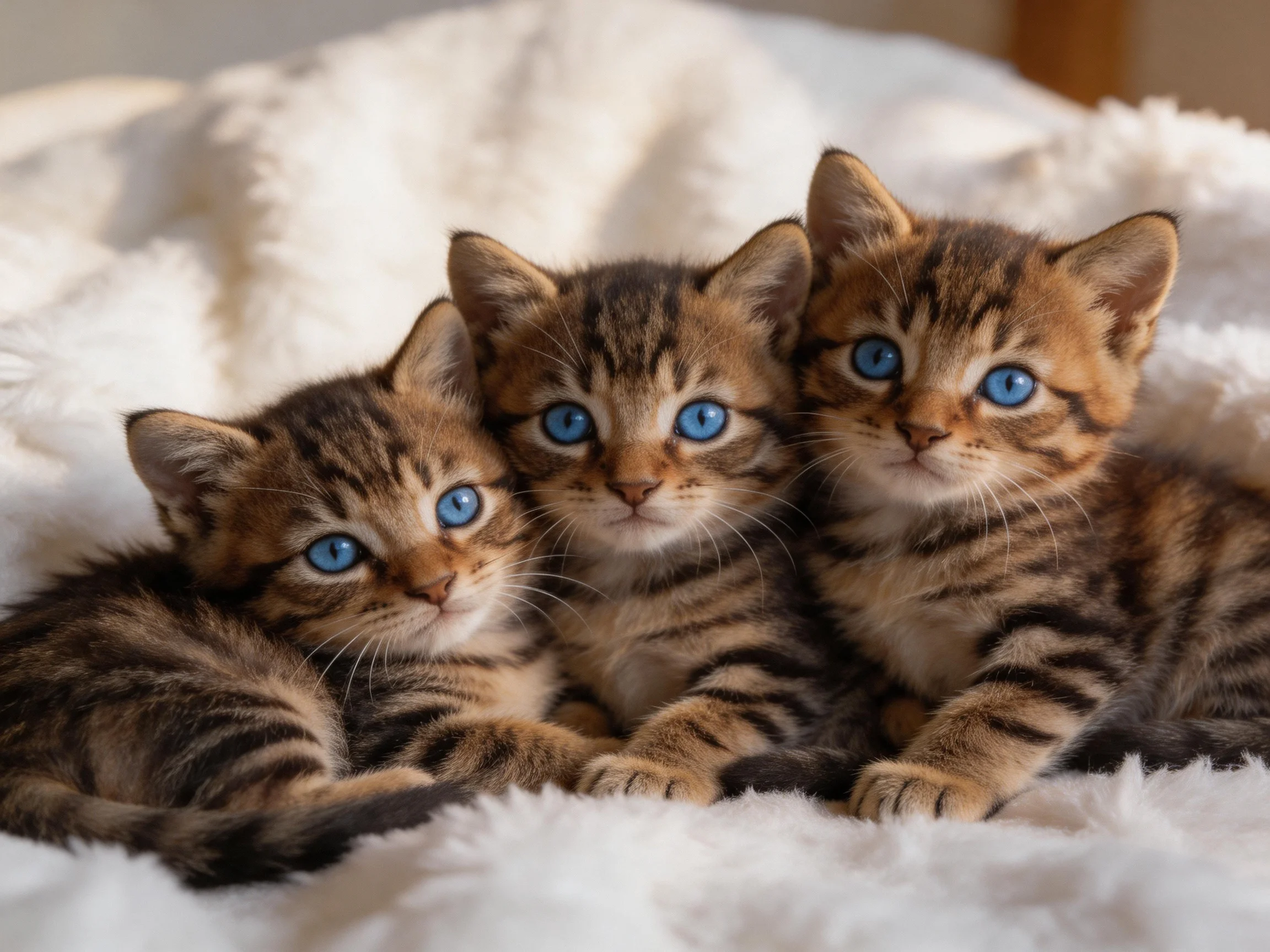 Three tabby kittens with bright blue eyes rest on a soft white blanket