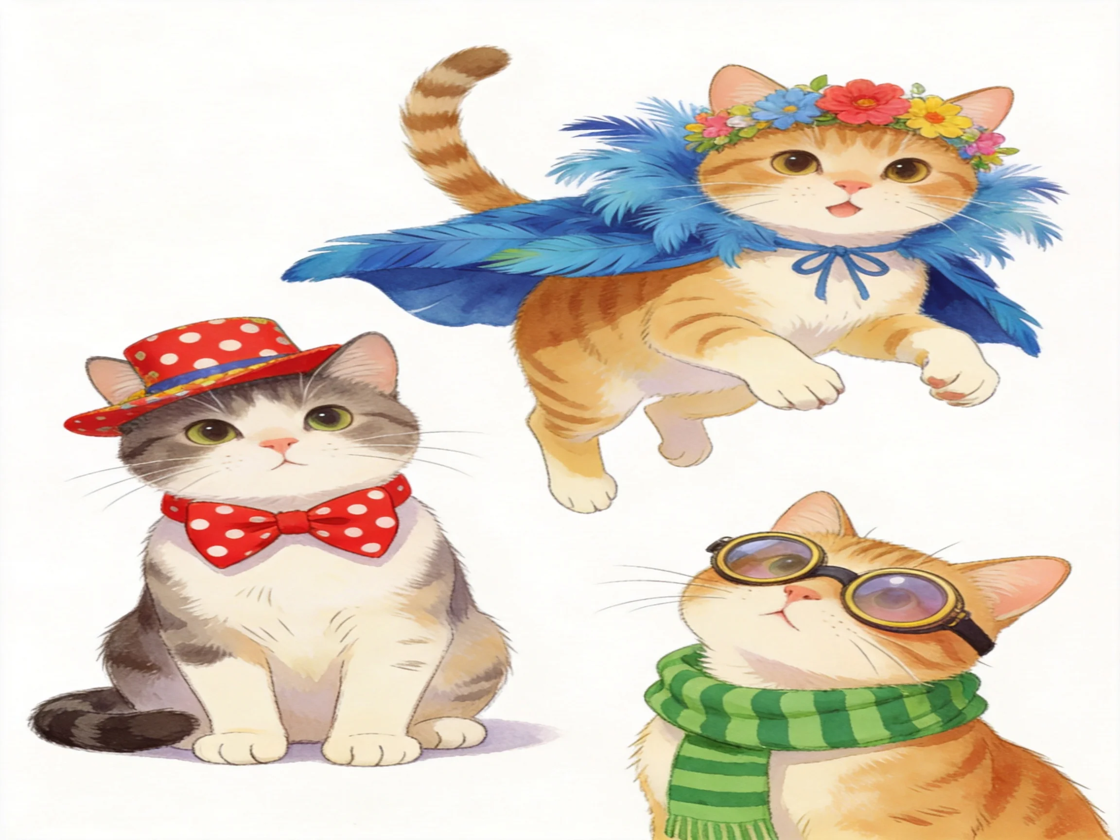 Three cats wear playful accessories such as hats, capes, and scarves.