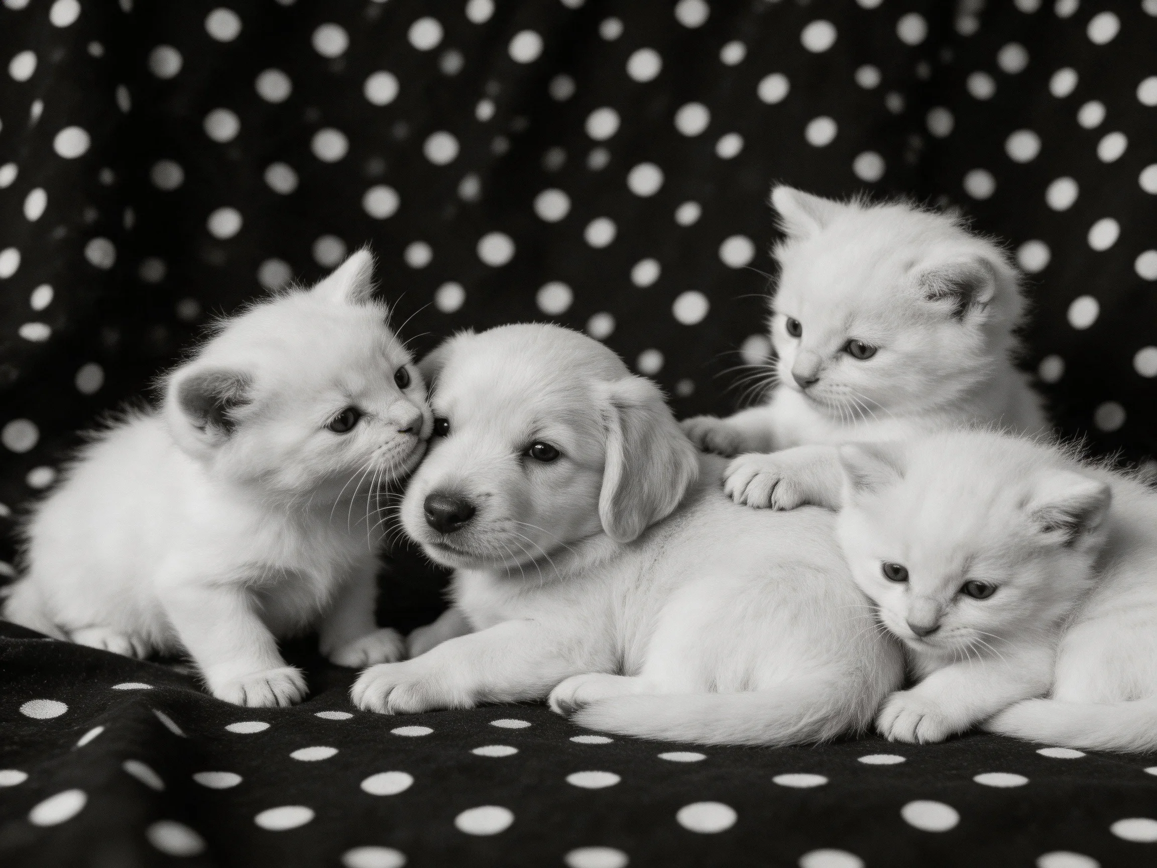Three white kittens and a puppy snuggle on a black polka - dotted fabric