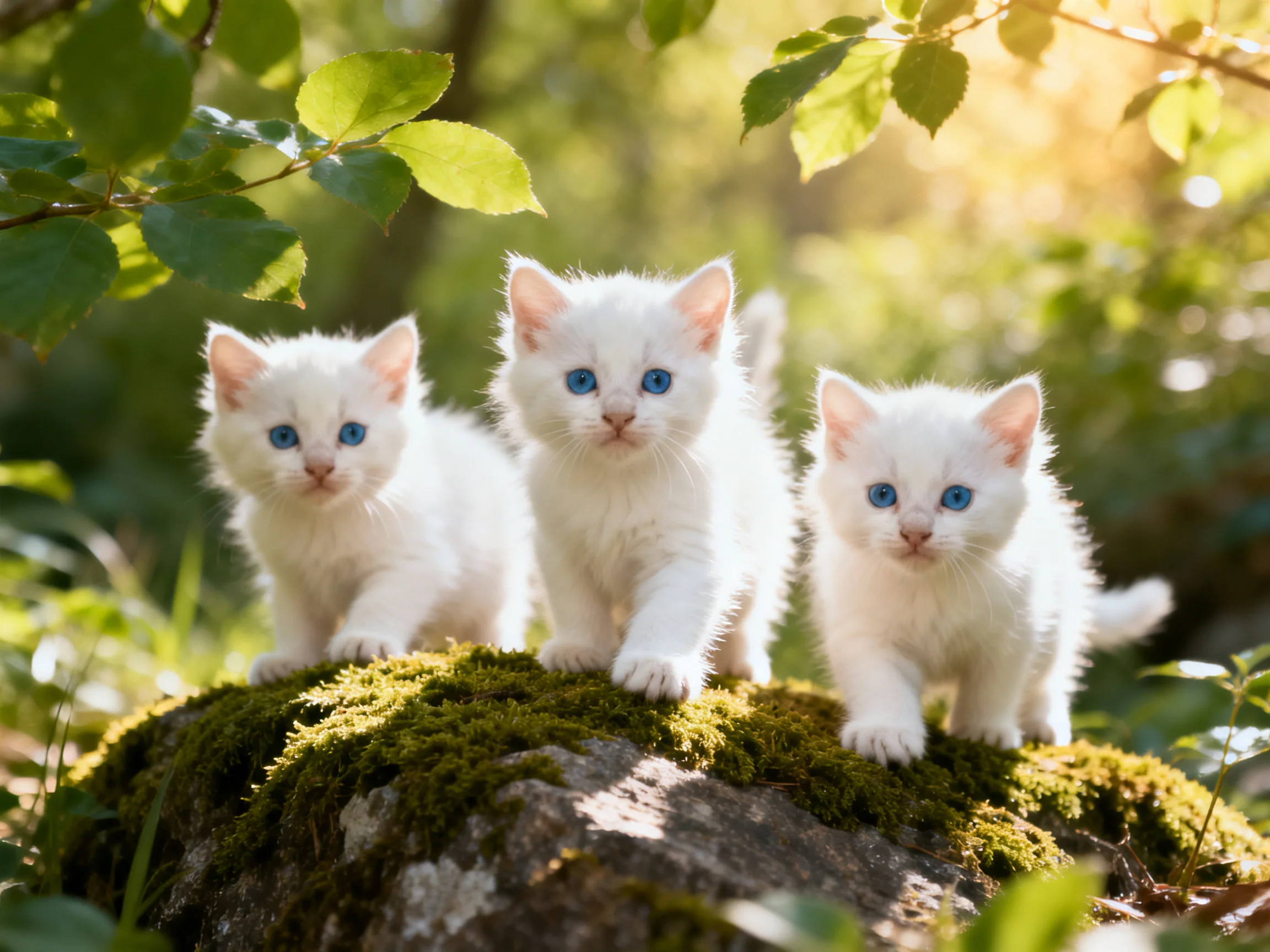 Three white kittens with blue eyes stand on a moss-covered rock in a sunlit forest