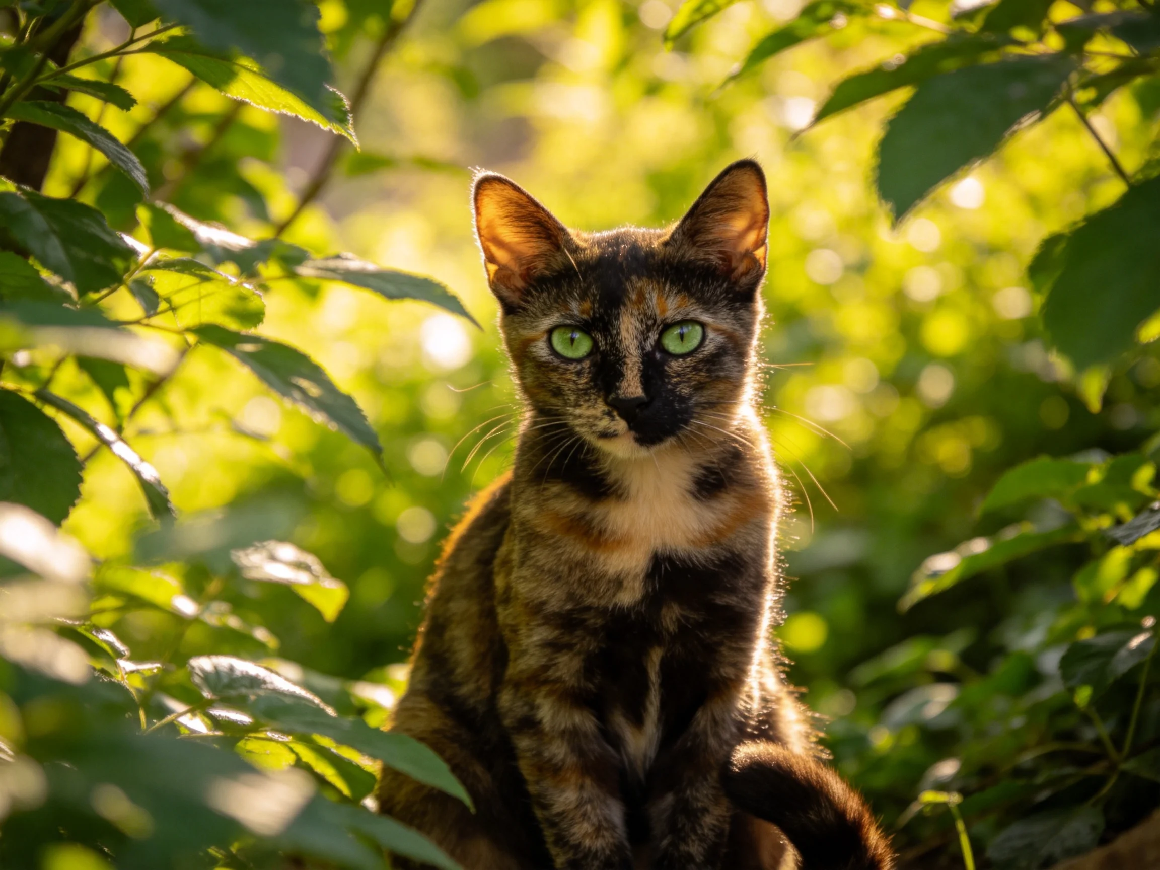 A tortoiseshell cat with green eyes is surrounded by green foliage.