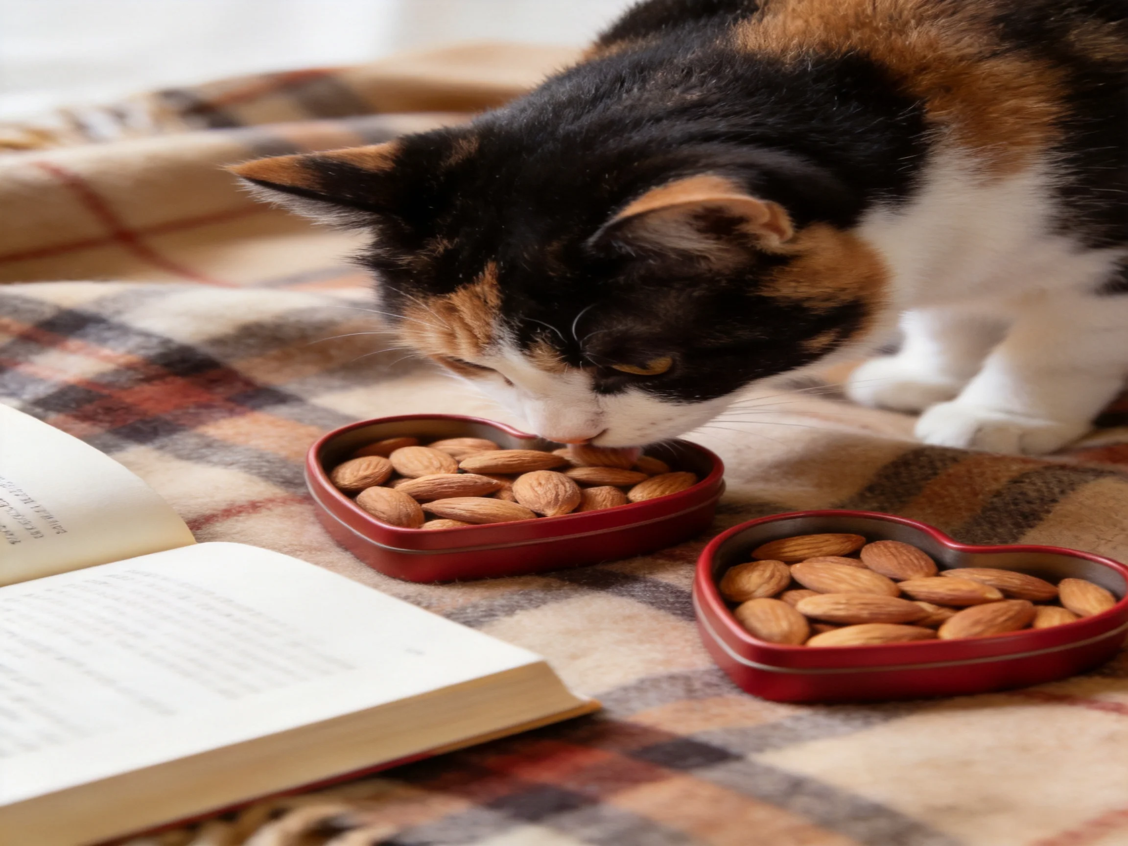 Tri - colored cat eating almonds by heart dishes and open book