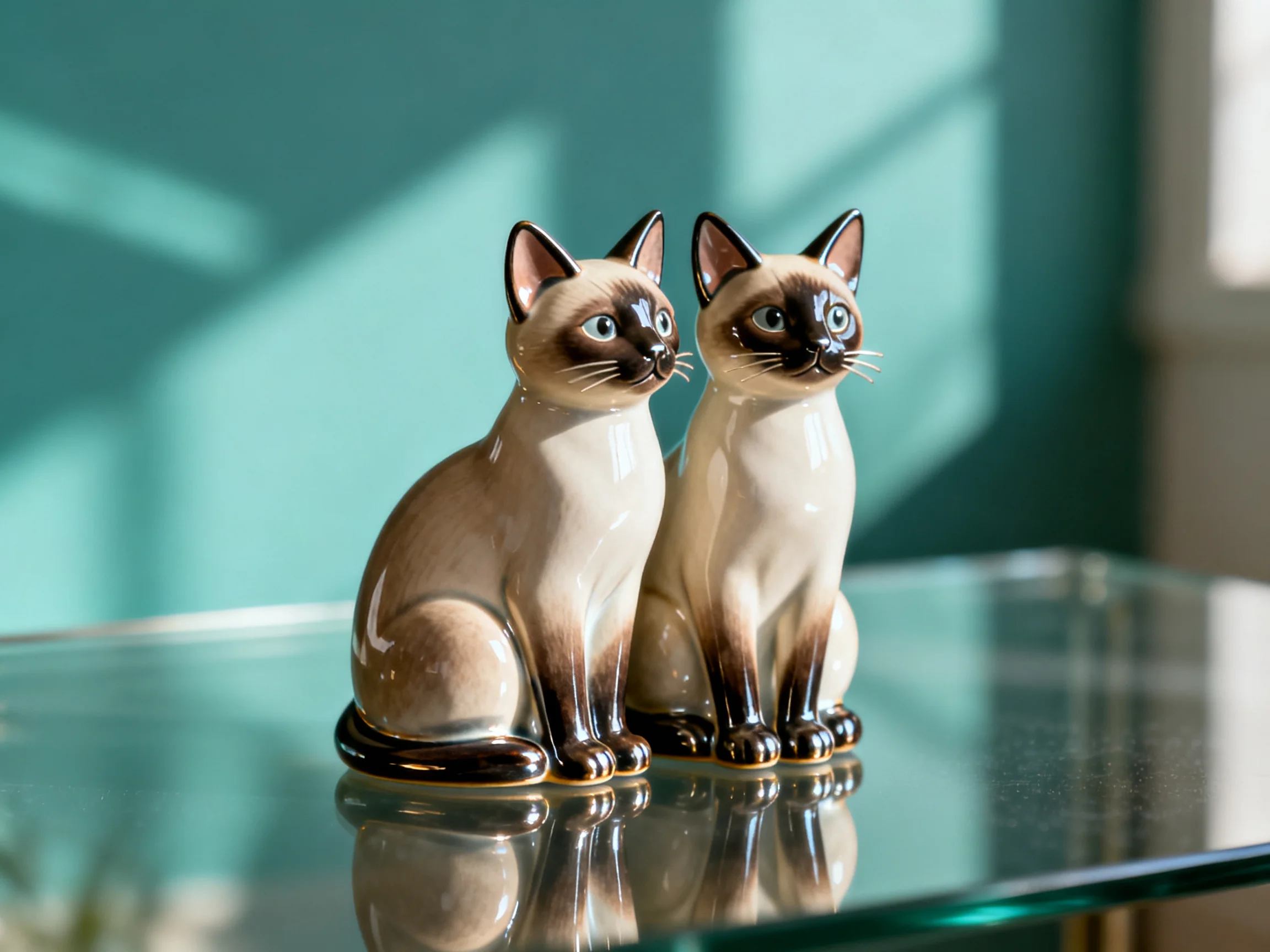 Two Siamese cat figurines sit on a glass table near teal walls