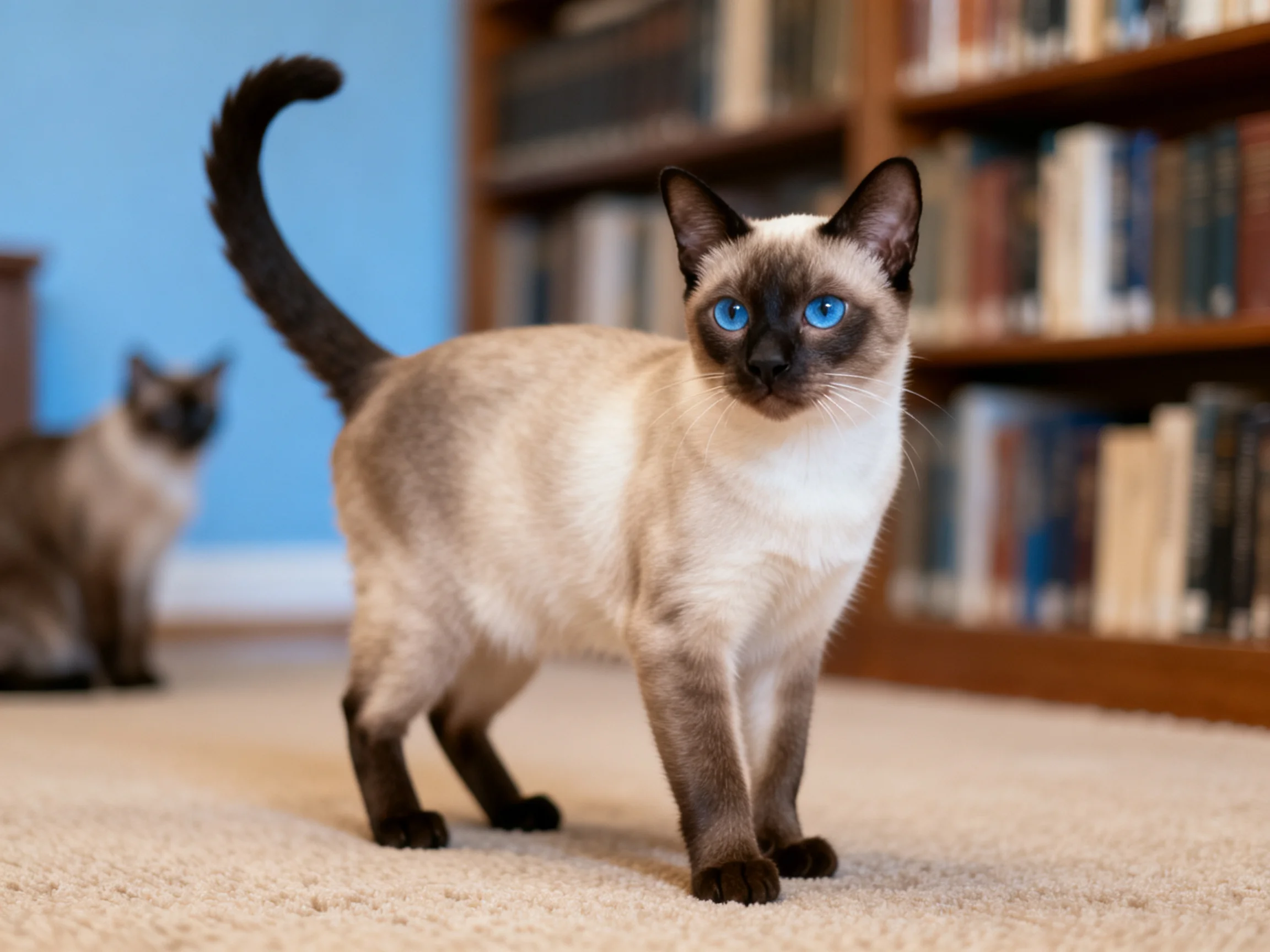 Two Siamese cats are near a wooden bookshelf in a cozy room.