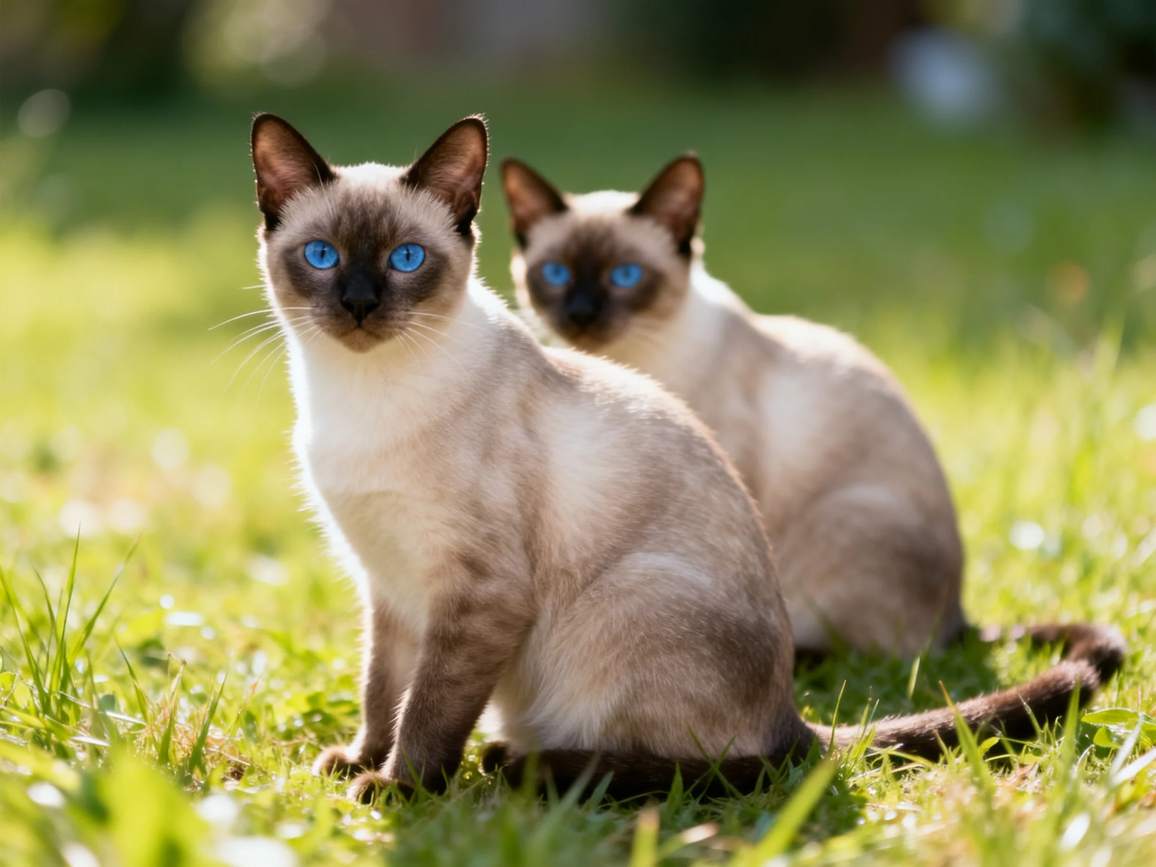 Two Siamese cats sit on green grass in bright daylight