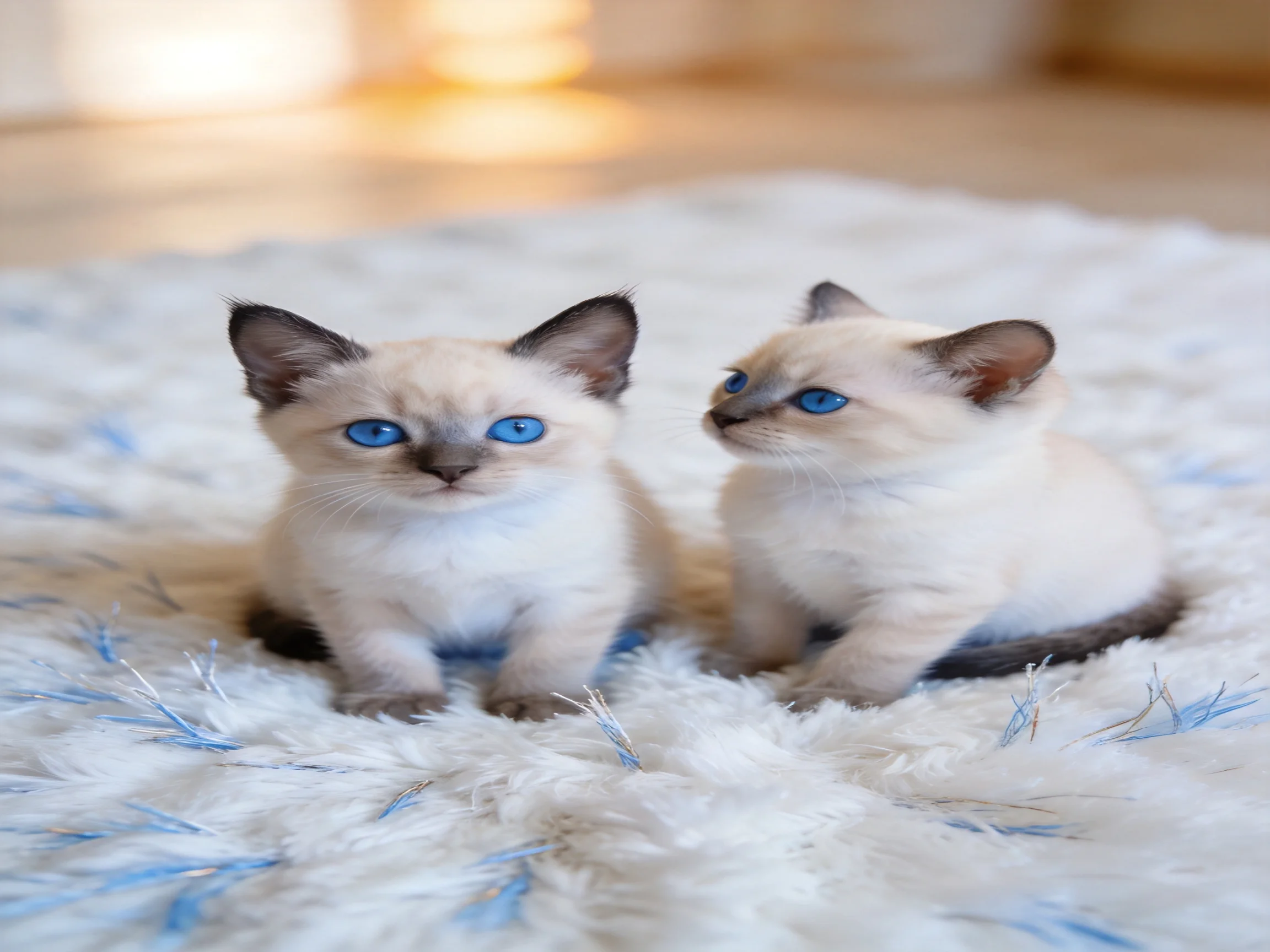 Two Siamese kittens with blue eyes sit on a fluffy white rug