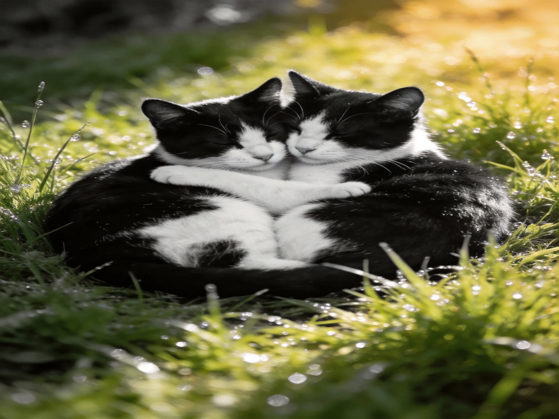 Two black - and - white cats cuddle in sunlit green grass