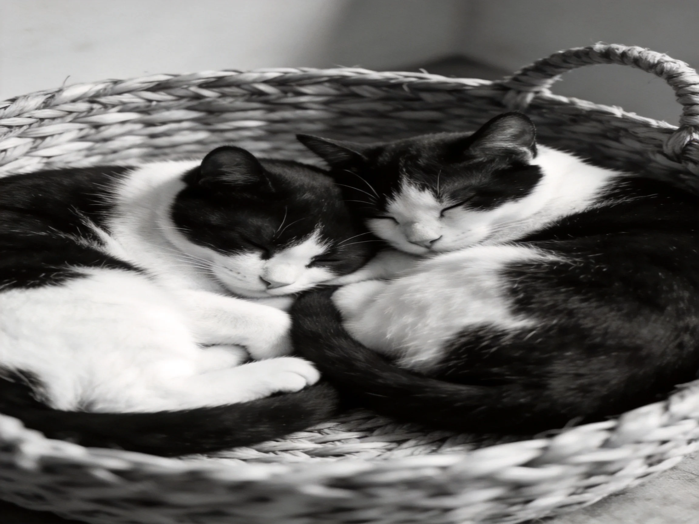 Two black - and - white cats cuddling in a woven basket