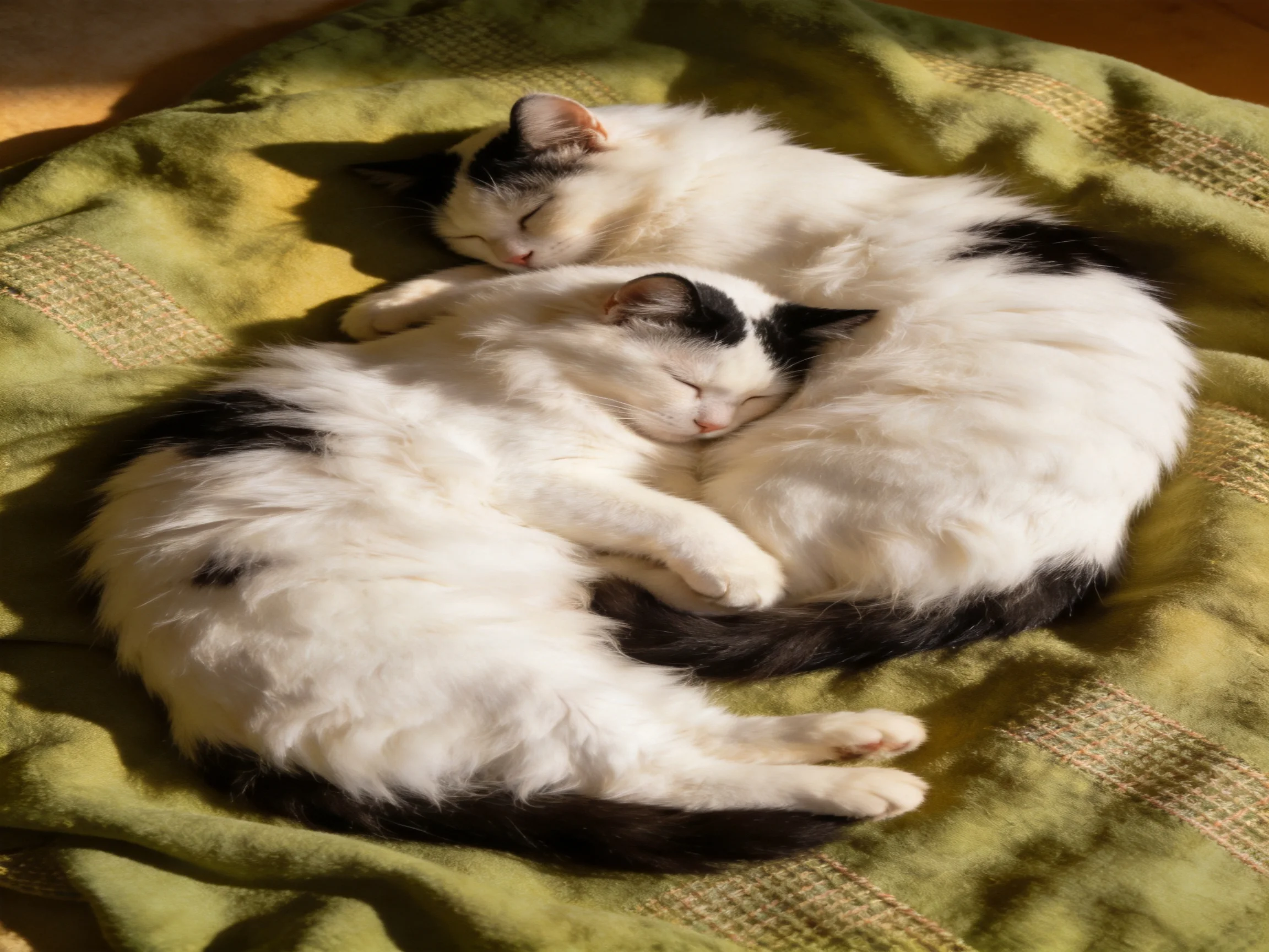 Two black - and - white cats cuddling on a green blanket in sunlight