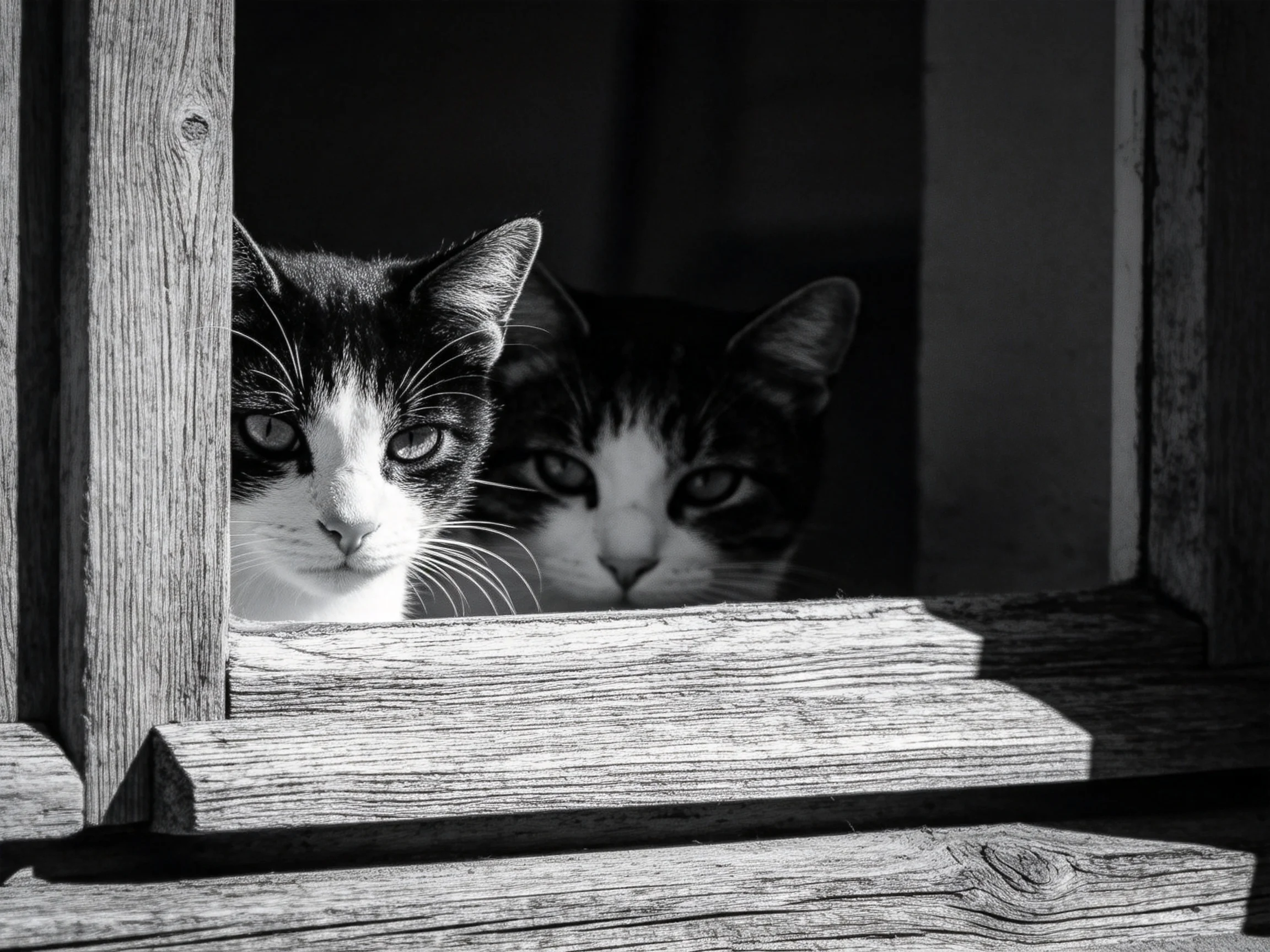 Two black - and - white cats peek from behind a wooden window frame