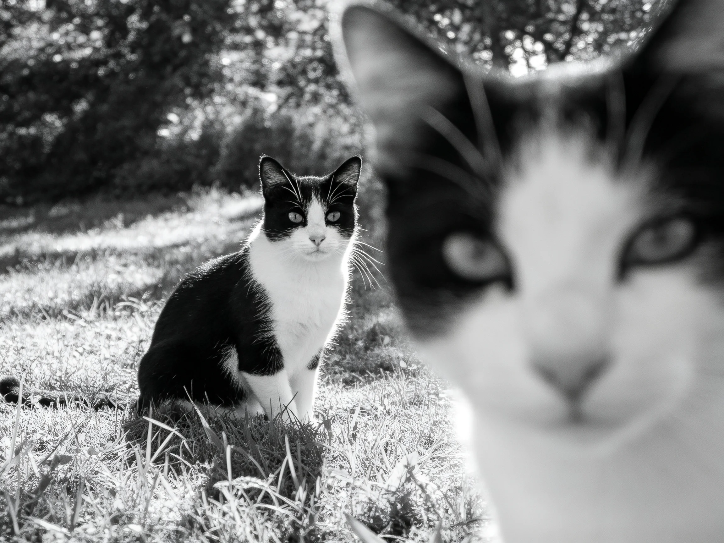 Two black - and - white cats rest in a sunlit grassy outdoor space