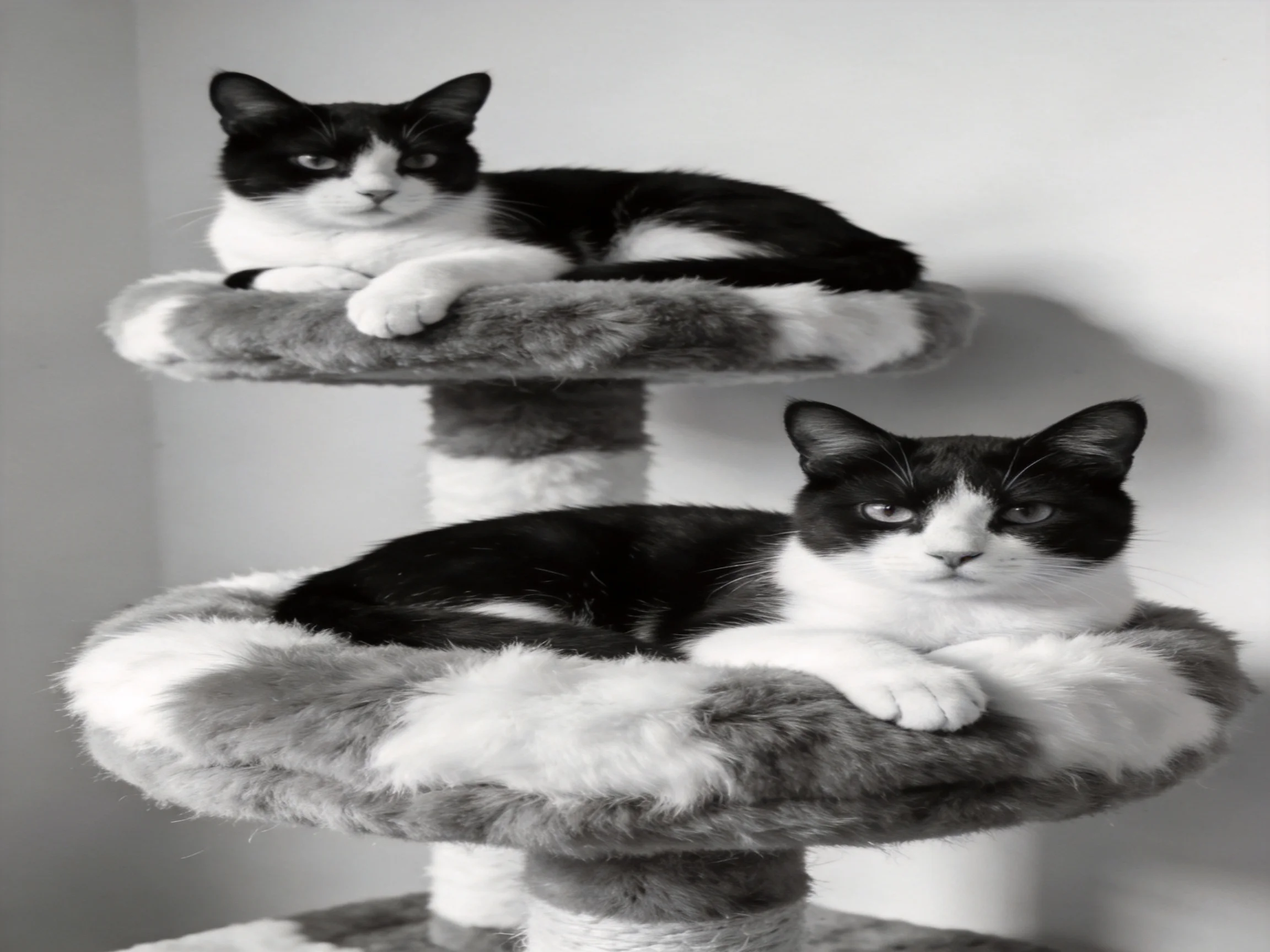 Two black - and - white cats rest on separate levels of a plush cat tree.