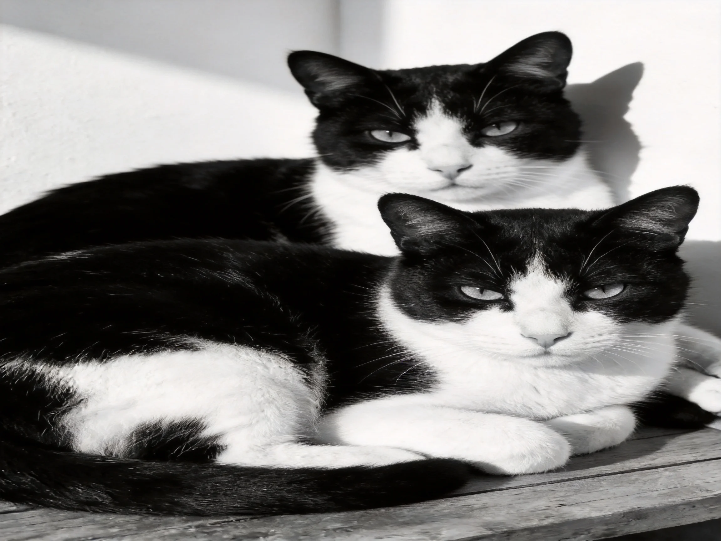 Two black - and - white cats rest closely on a wooden surface.