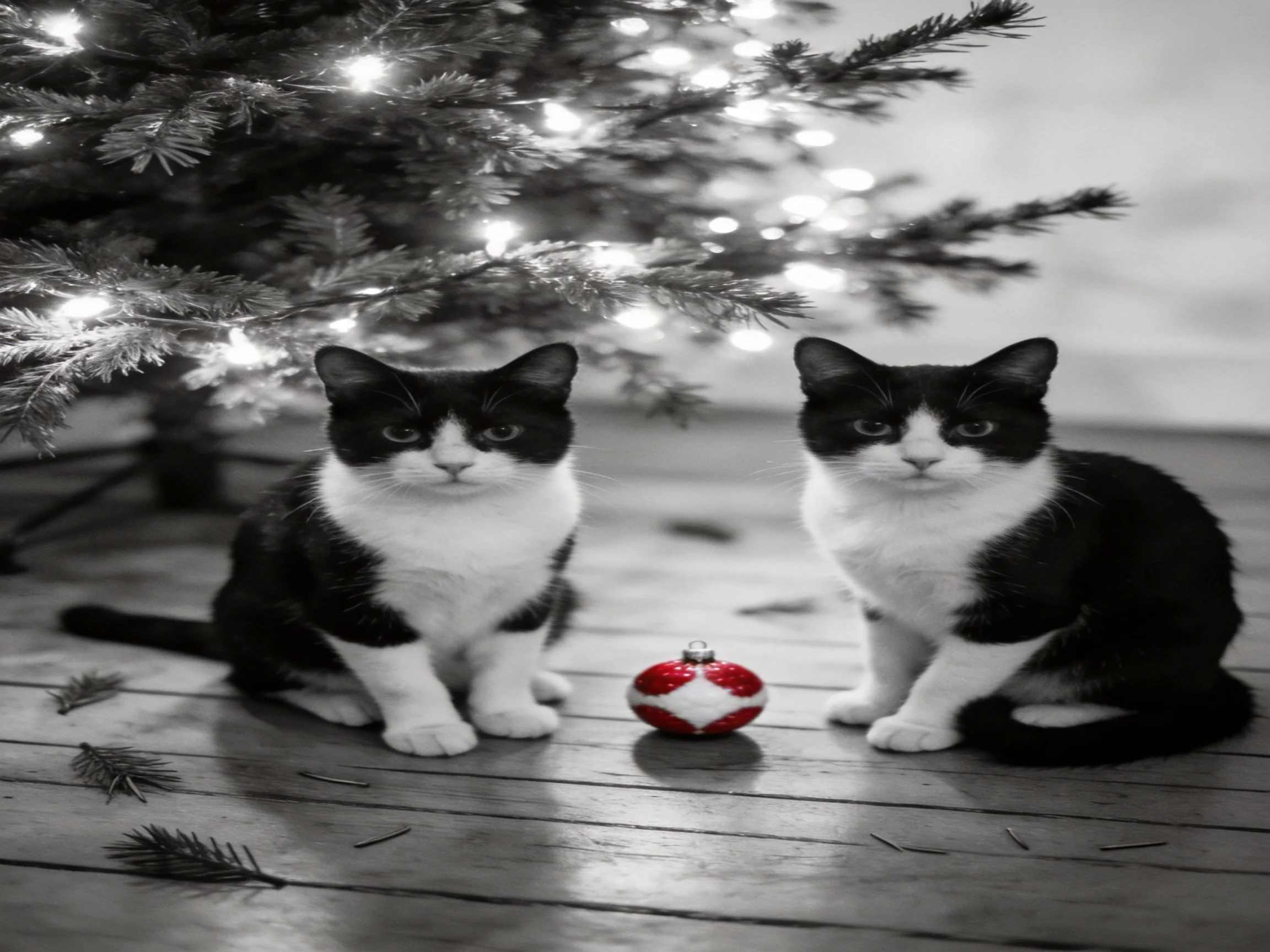 Two black - and - white cats sit near a decorated Christmas tree with a red ornament.
