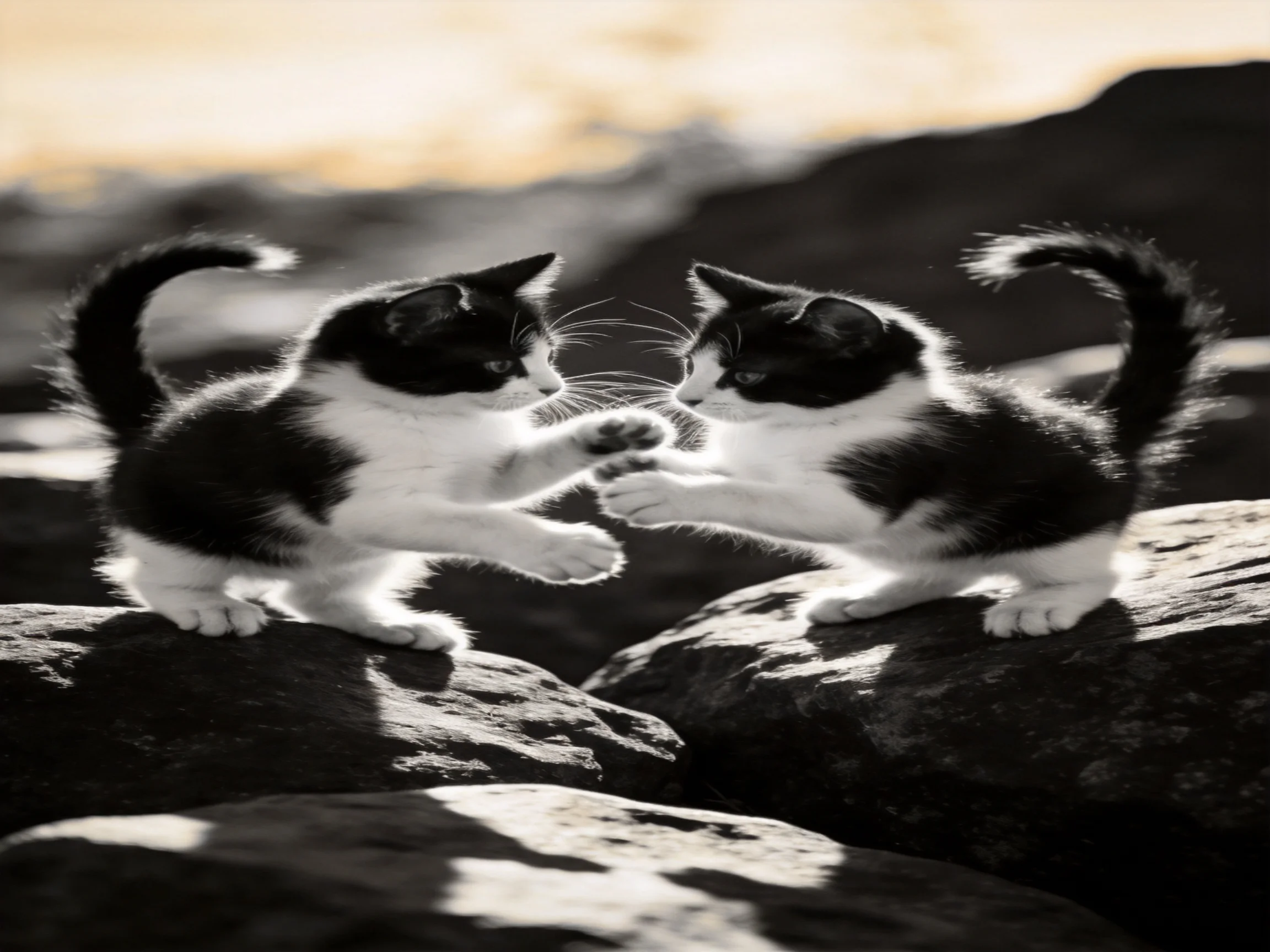 Two black - and - white kittens interact on rugged rocks