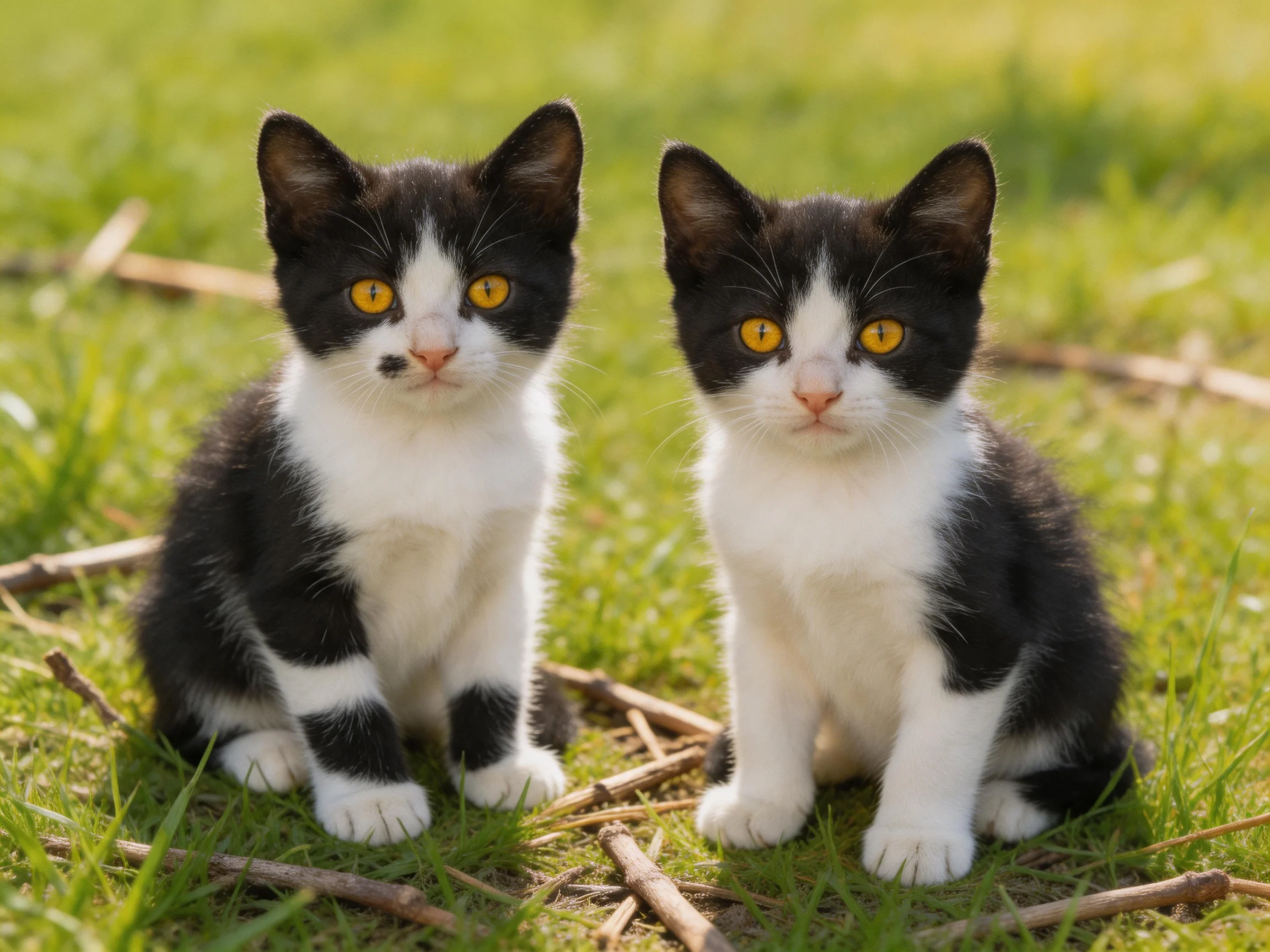 Two black - and - white kittens sit on green grass with scattered twigs