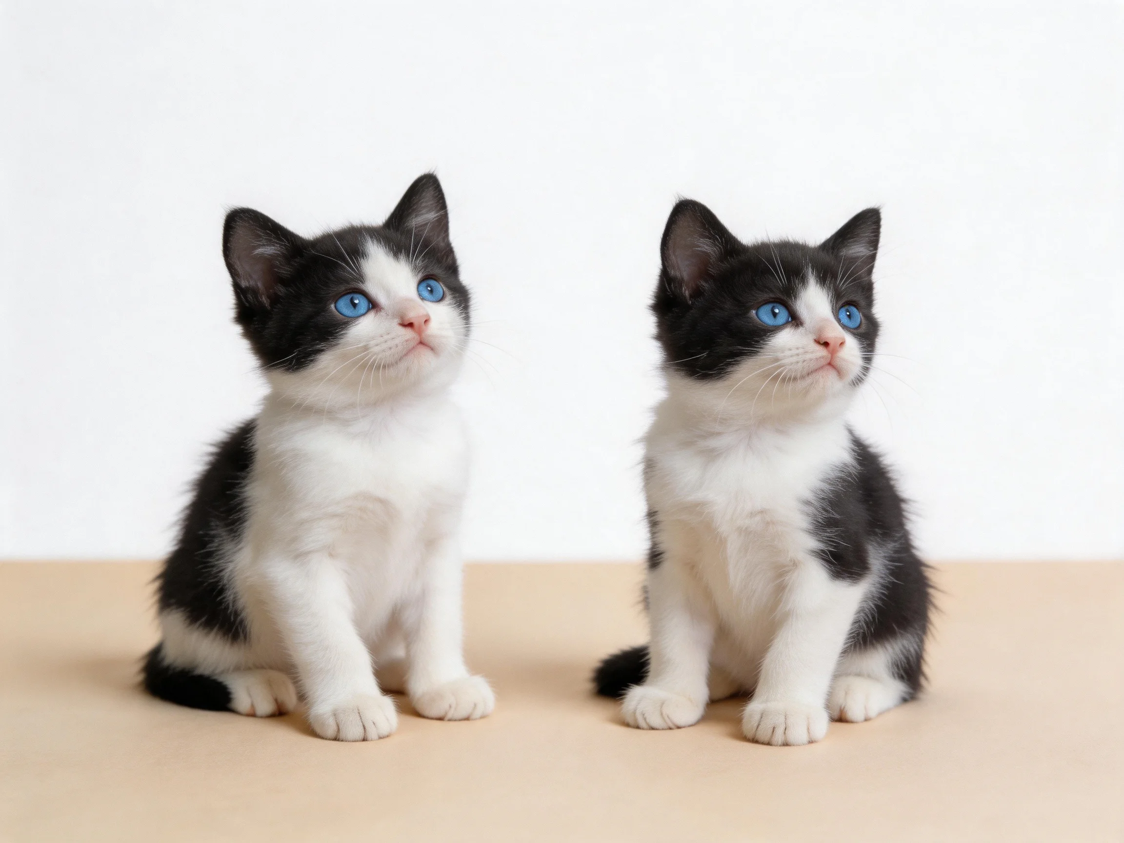 Two black - and - white kittens with blue eyes sit side by side