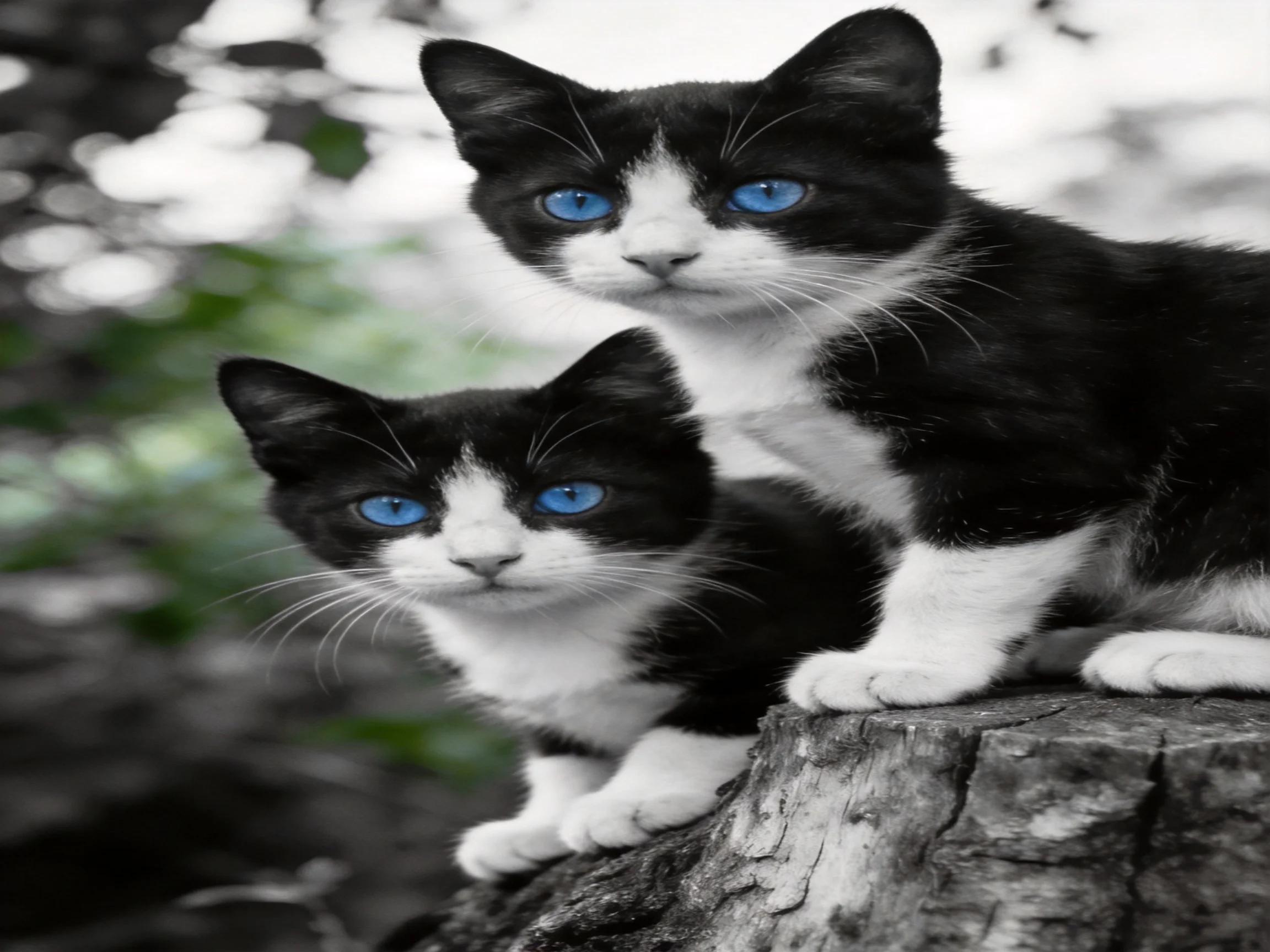 Two black - and - white kittens with bright blue eyes sit on a weathered tree stump