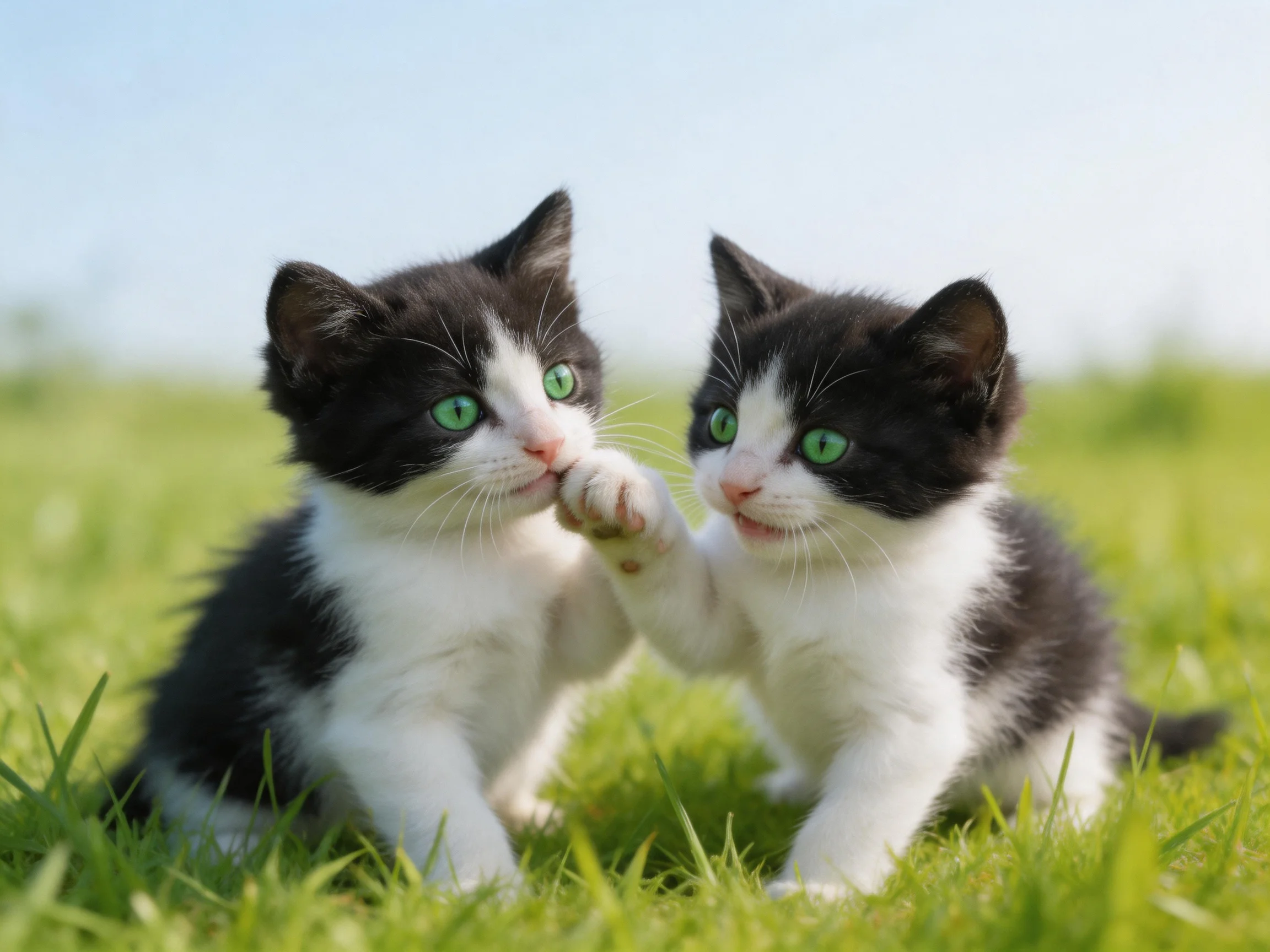 Two black - and - white kittens with bright green eyes play on lush grass