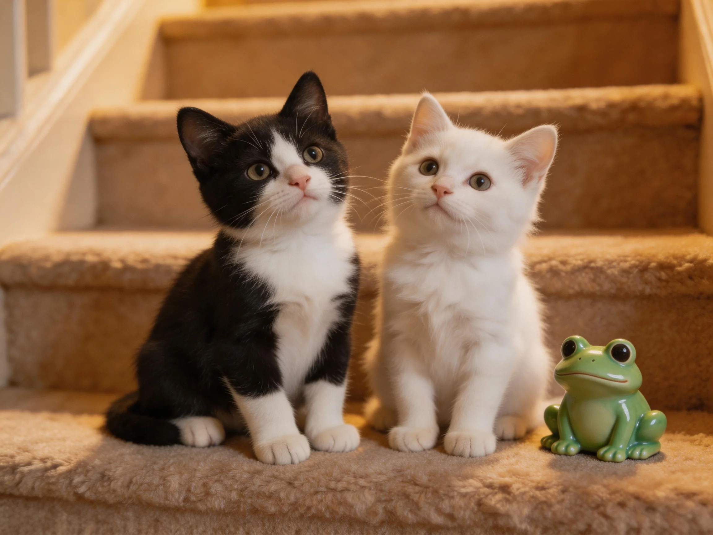 Two black - white and white kittens sit beside a green frog figurine on carpeted stairs