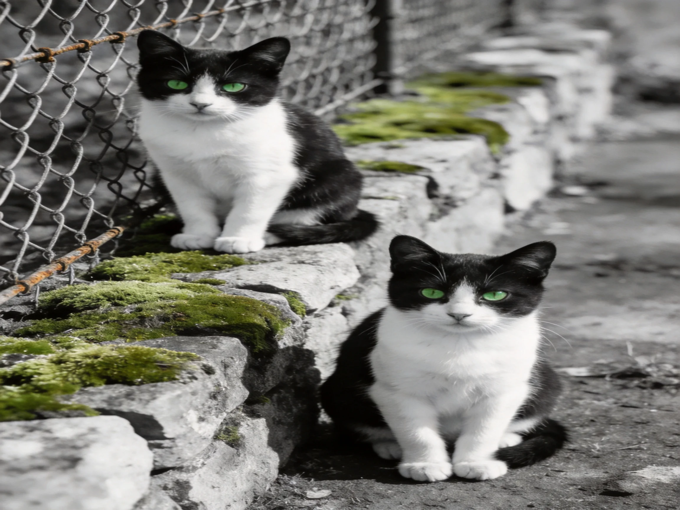 Two black - white cats with green eyes sit near a chain fence and stone wall