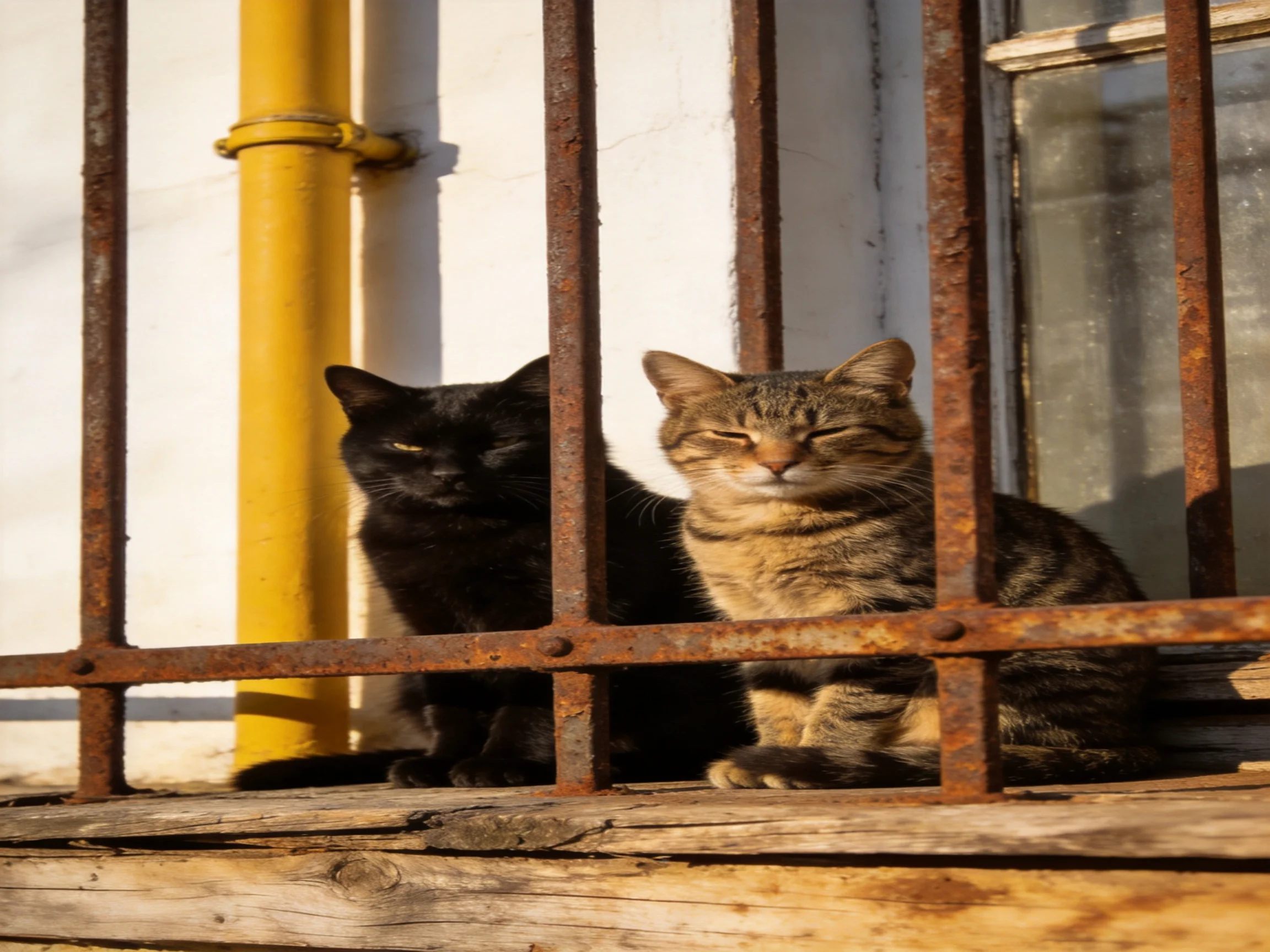 Two cats sit behind rusted metal bars on a wooden ledge.