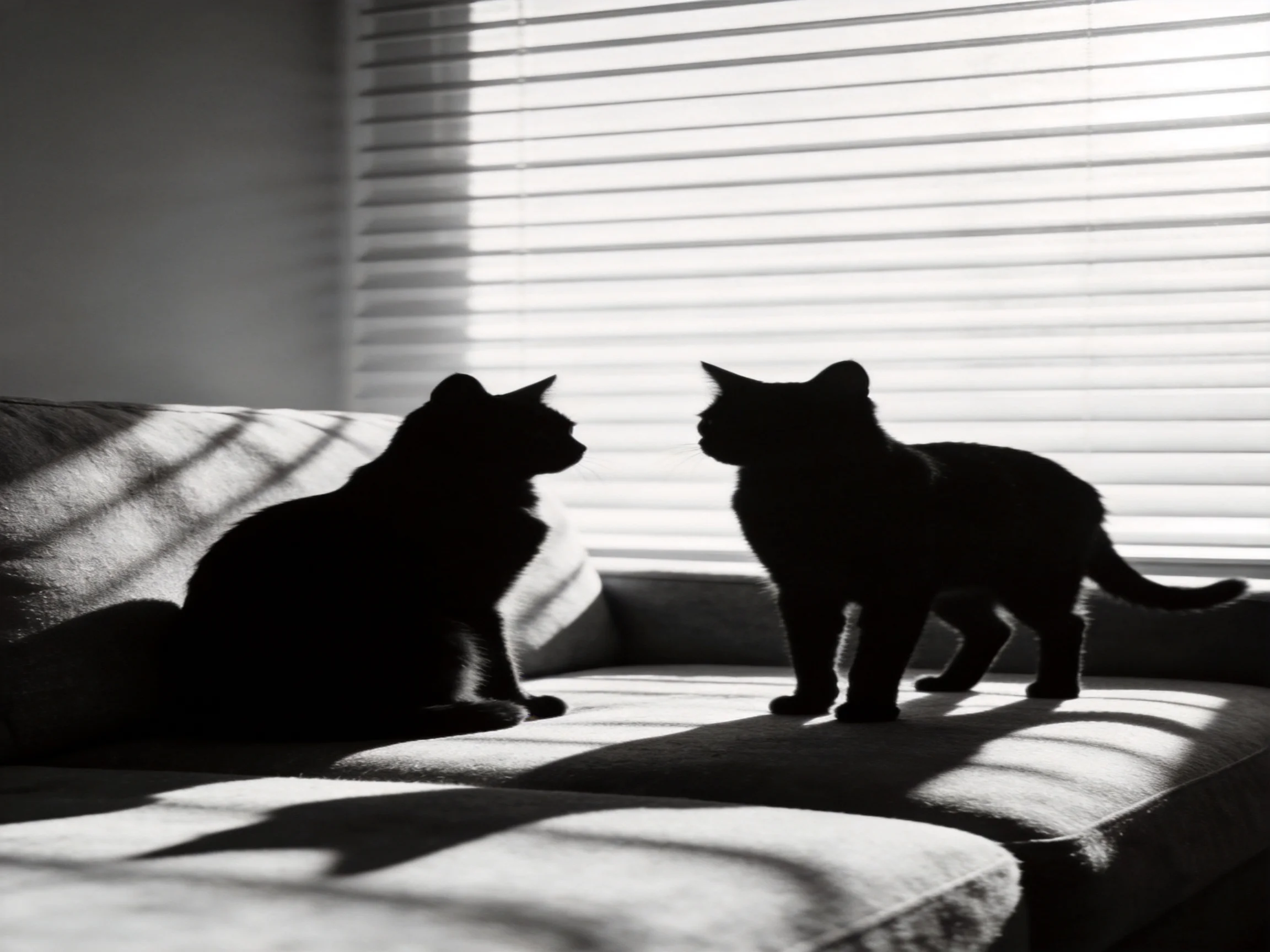 Two black cats face each other on a couch near a bright window.