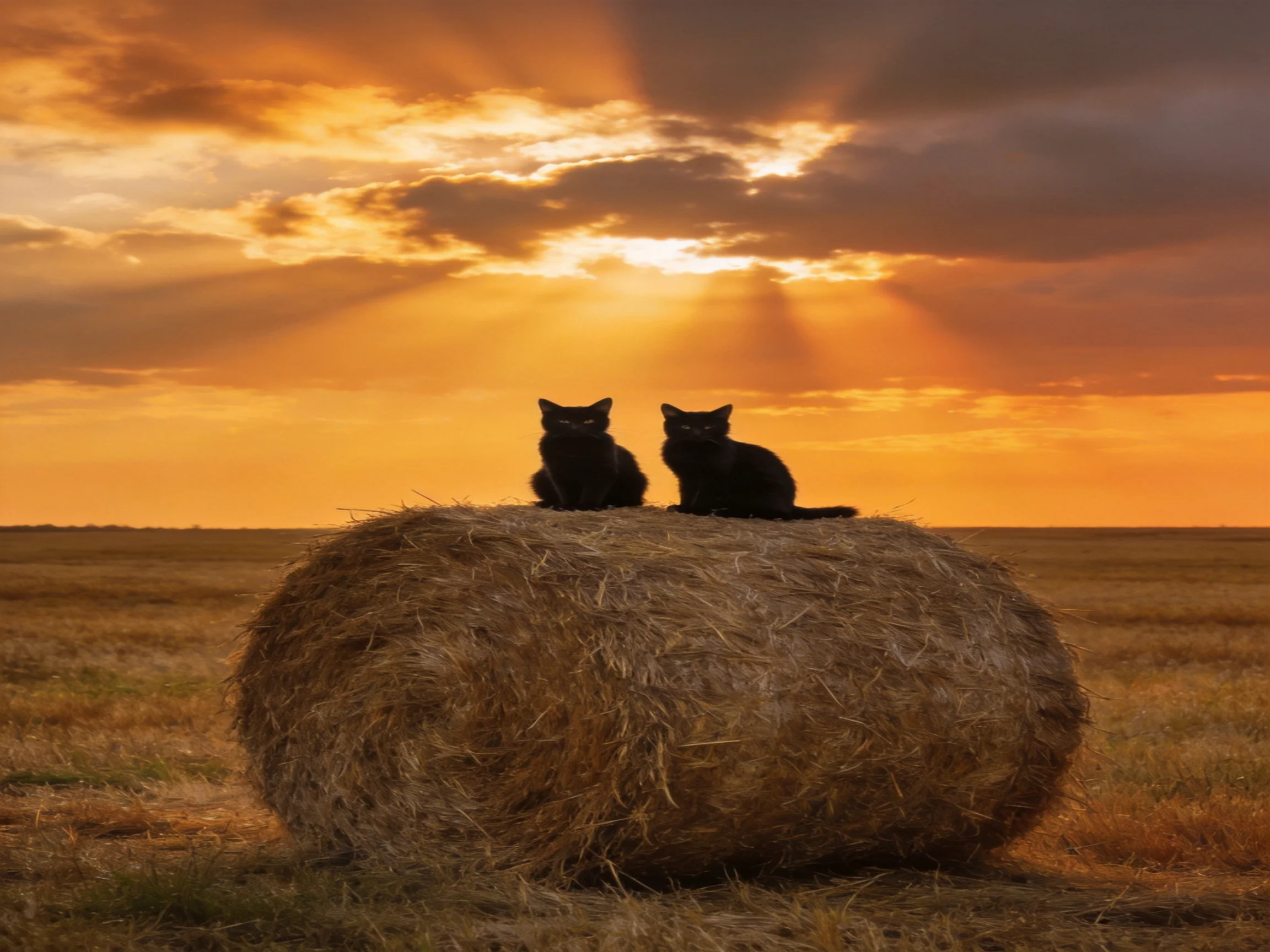 Two black cats sit on a hay bale during sunset.