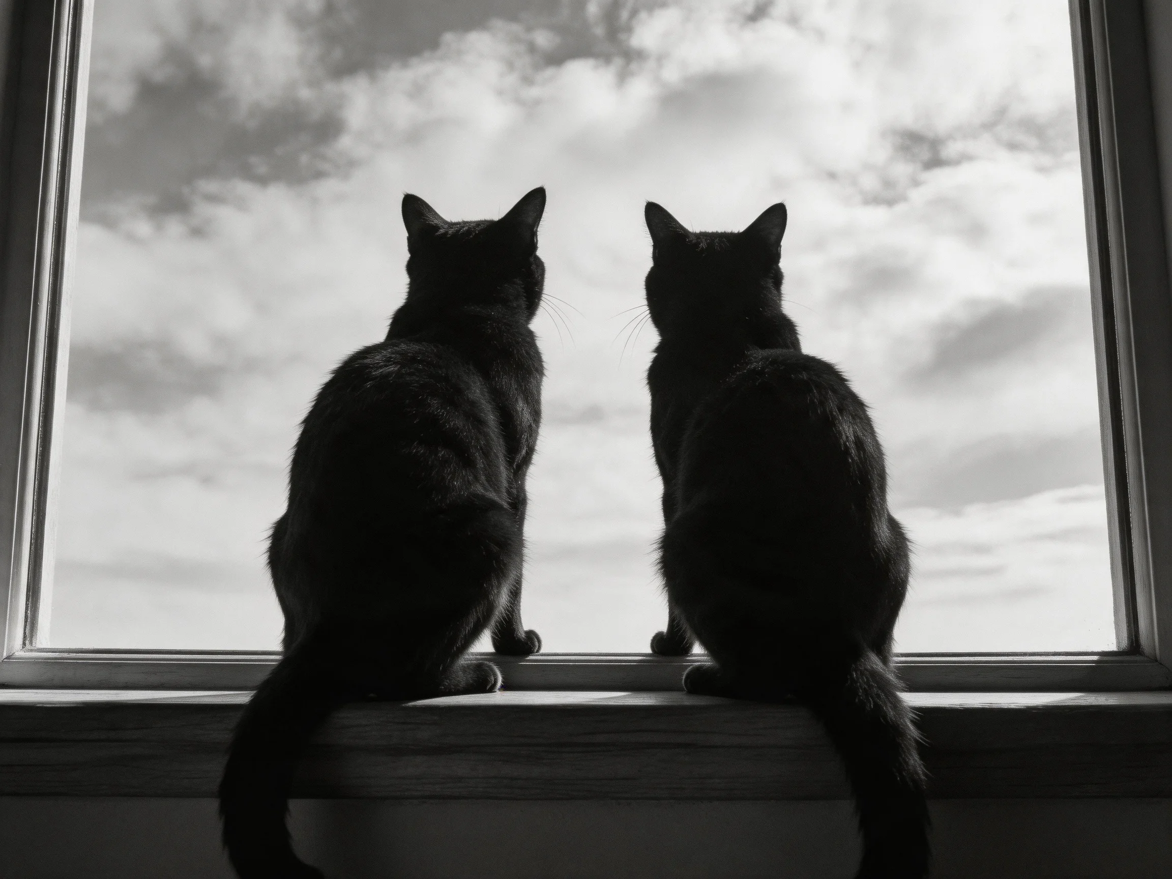 Two black cats sit on a windowsill gazing at a cloudy sky
