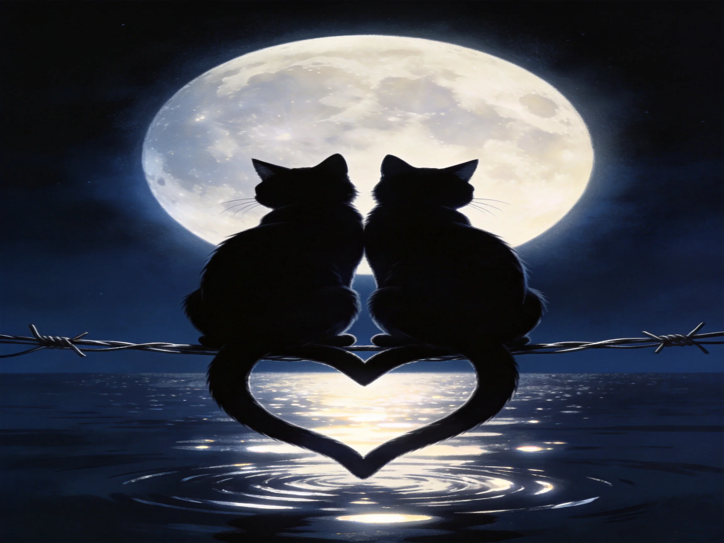 Two black cats sit on barbed wire with a large moon and heart - shaped tail reflection