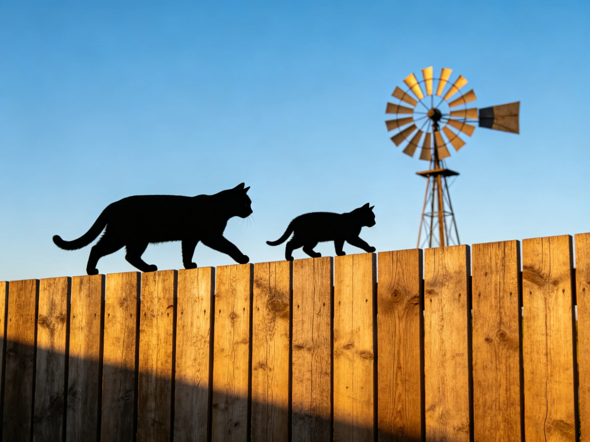 Two black cats traverse a wooden fence near a vintage windmill under bright blue sky