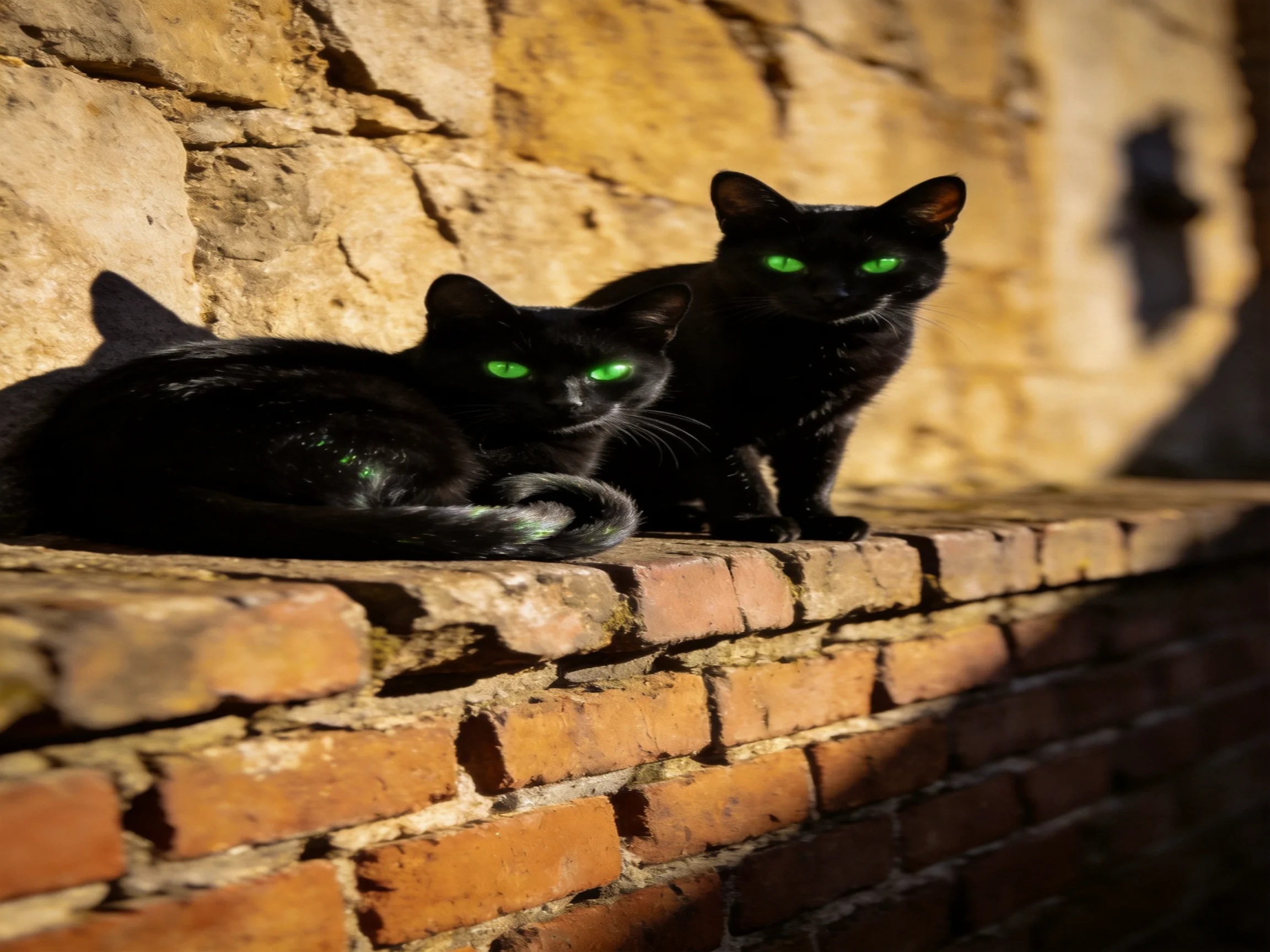 Two black cats with green eyes relax on a brick ledge by a stone wall.