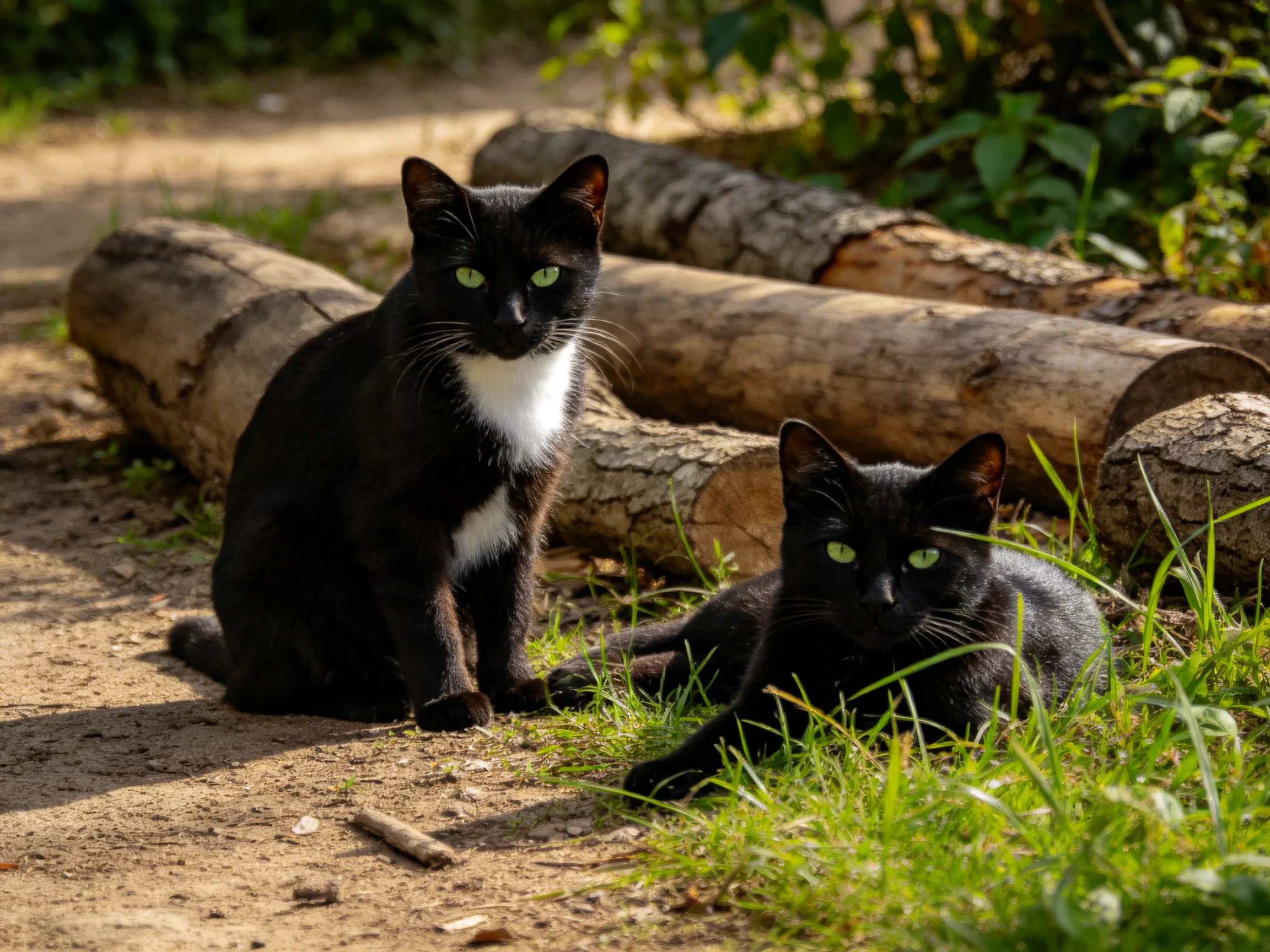 Black cats with green eyes rest near cut logs on a sunny path.