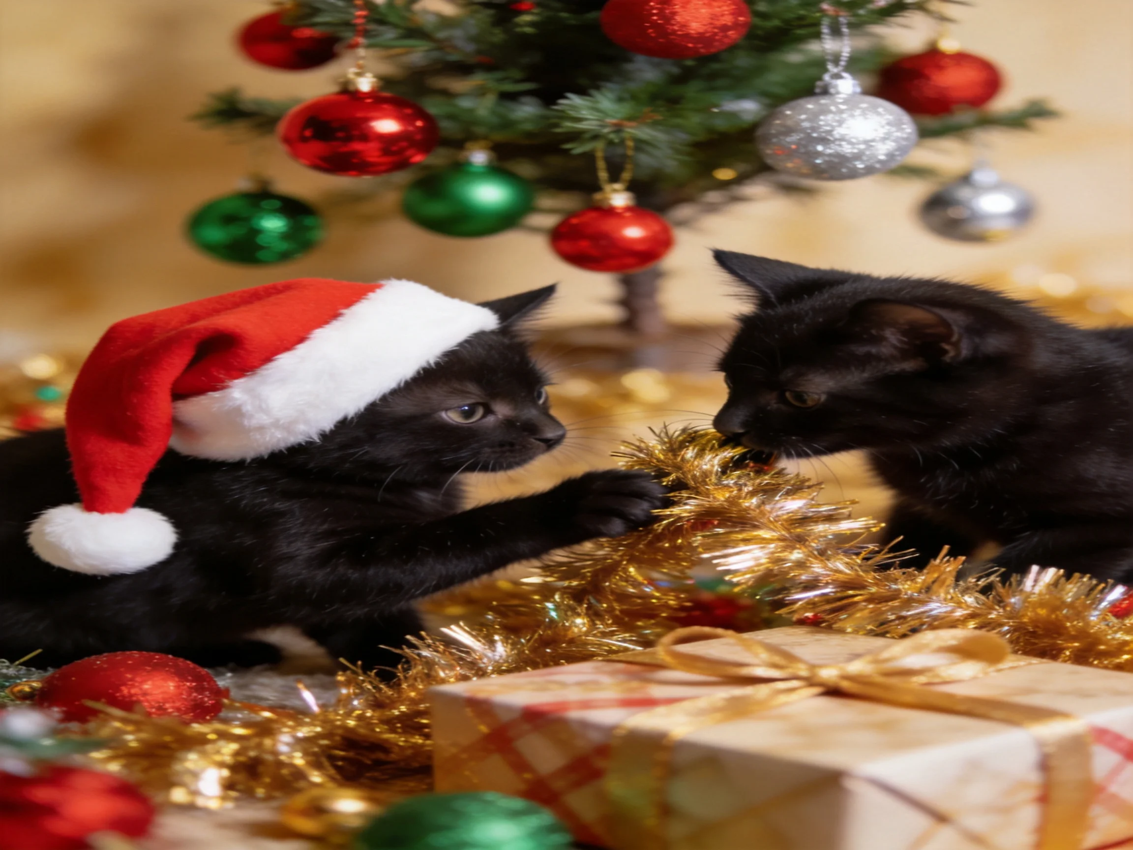 Two black kittens interact with Christmas decorations including a tree, ornaments, and gifts