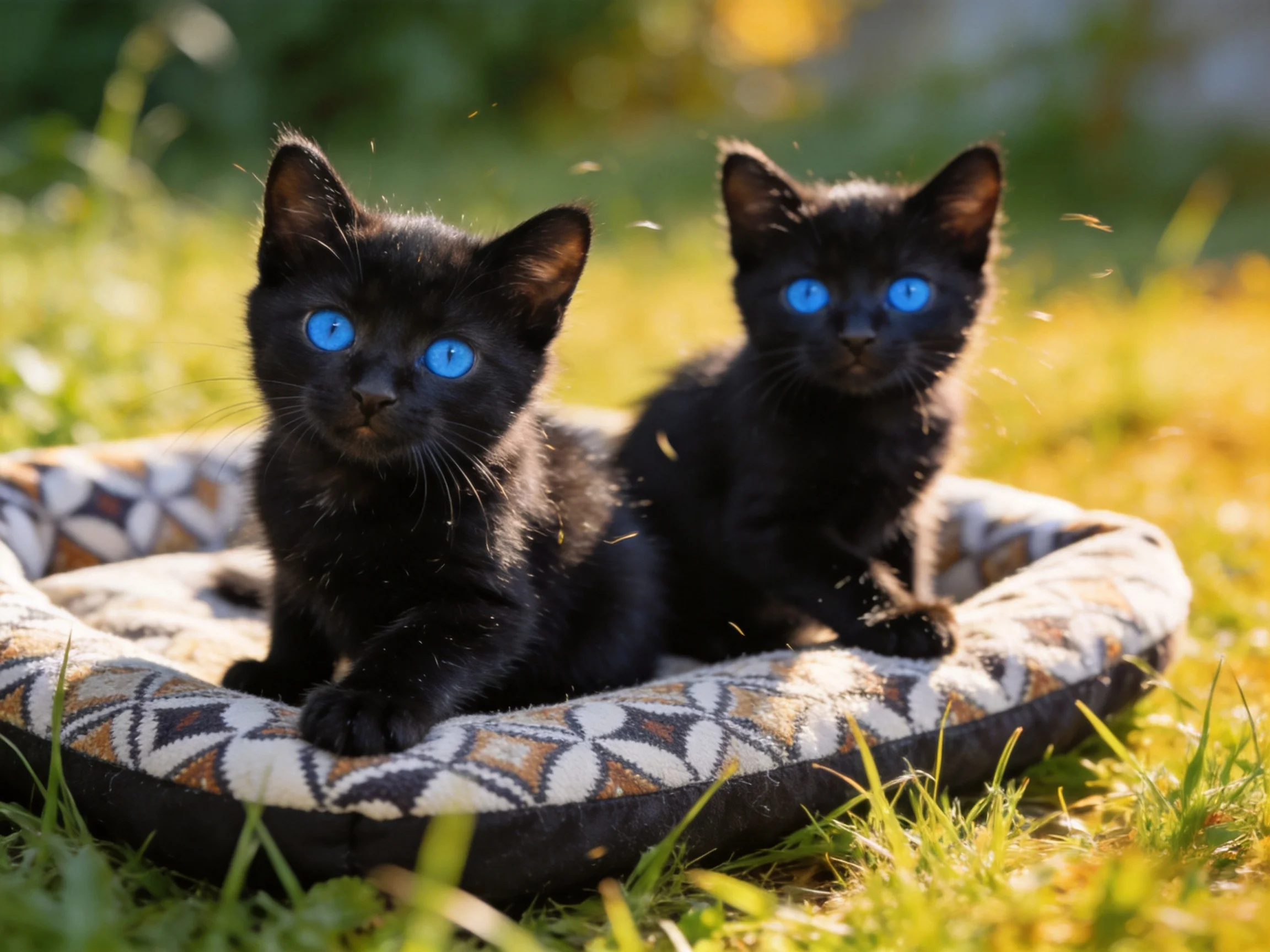 Two black kittens with bright blue eyes rest on a patterned pet bed in a sunny garden