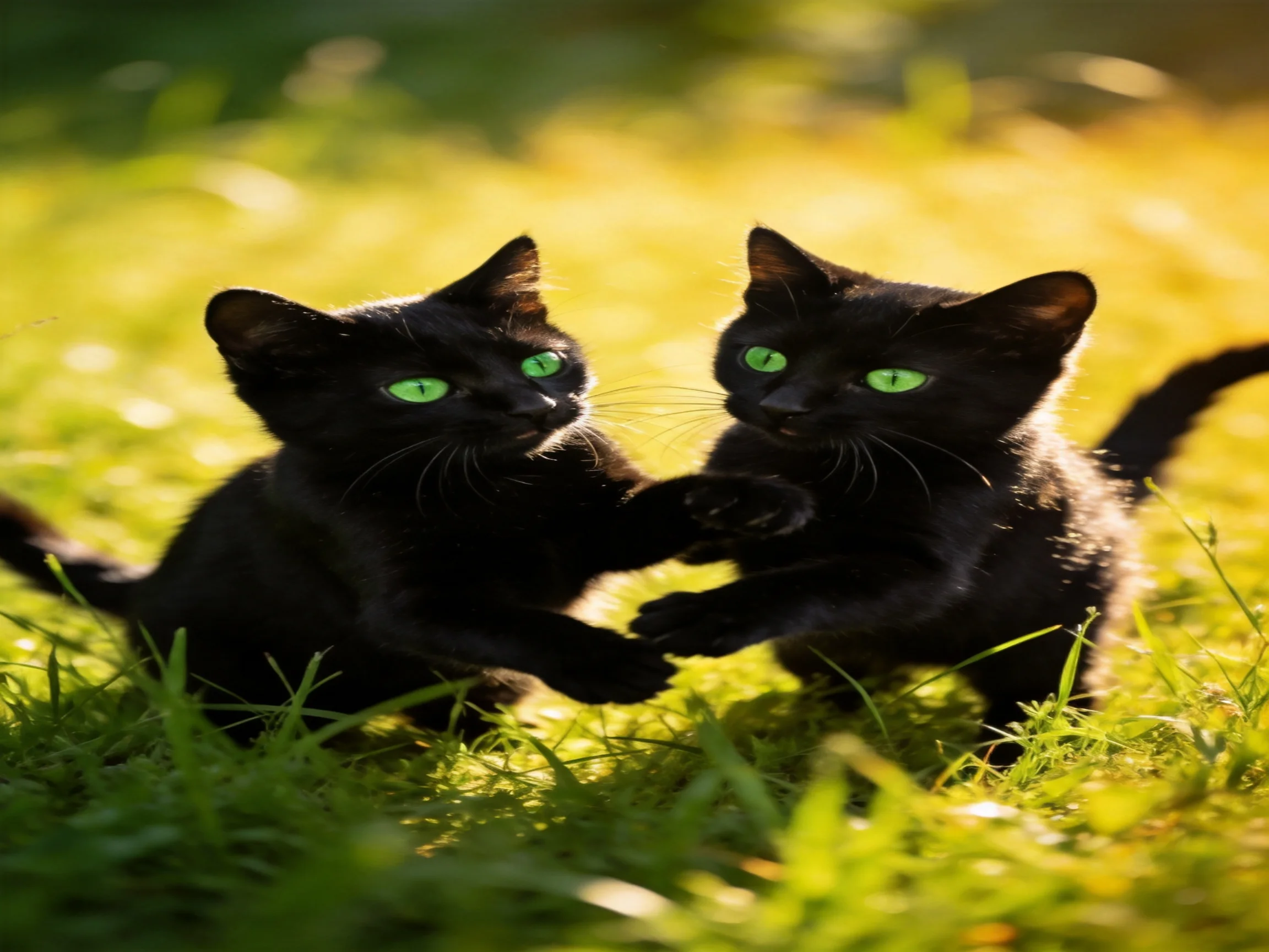 Two black kittens play together on a sunlit grassy area.