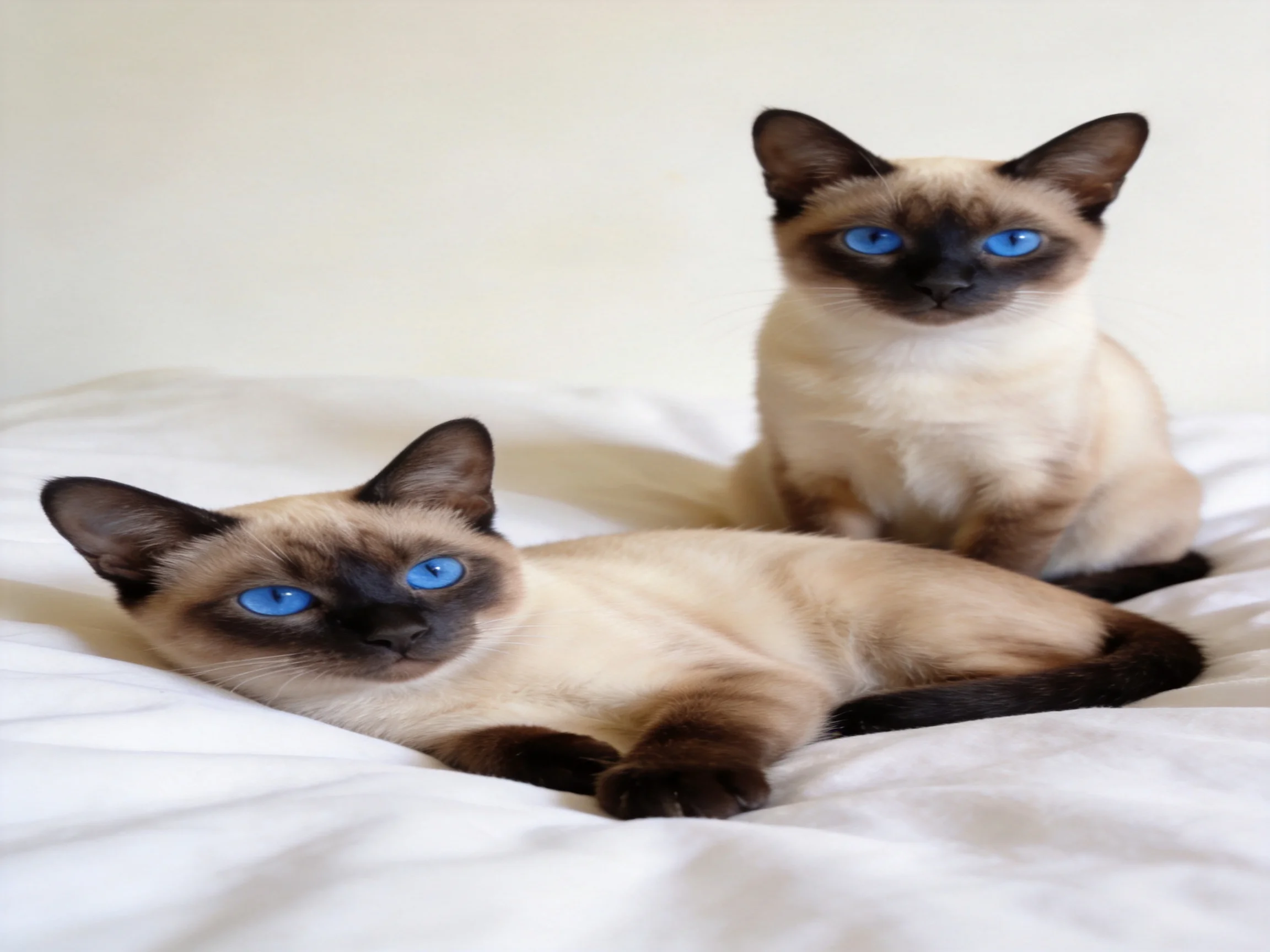 Two blue-eyed Siamese cats lounging on a white fabric surface