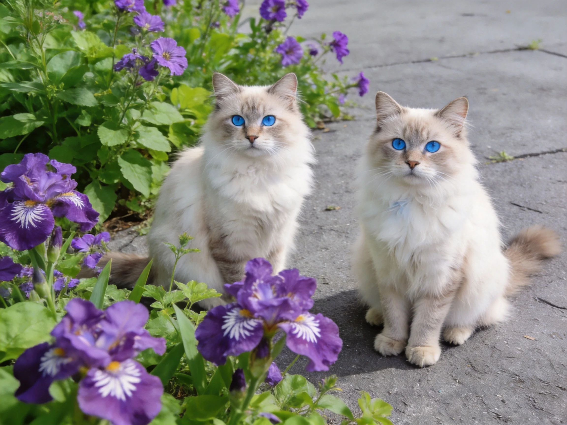 Two blue-eyed cats sit amid vibrant purple blooms outside